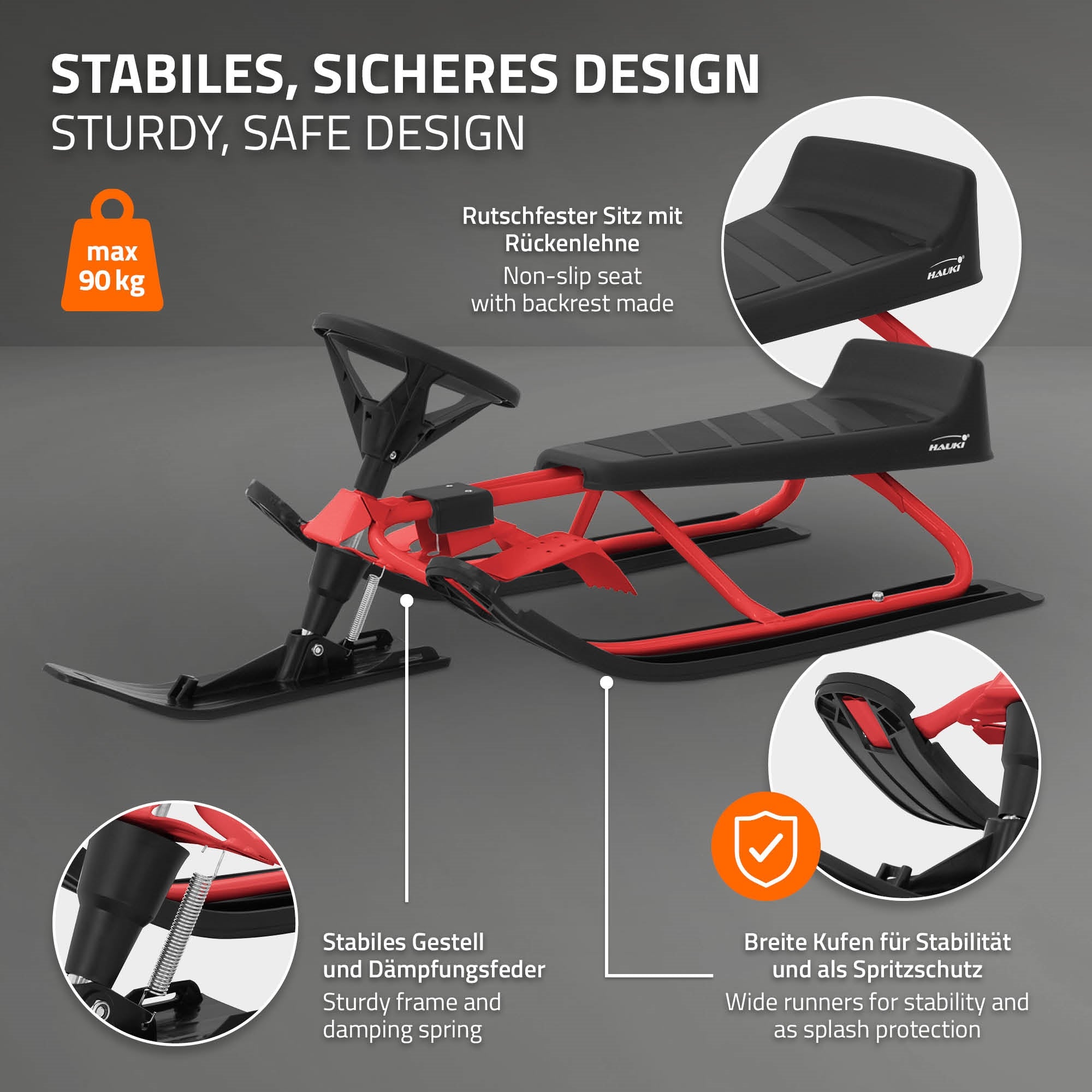 Graphique avec la description d'un design de luge stable de couleur rouge.