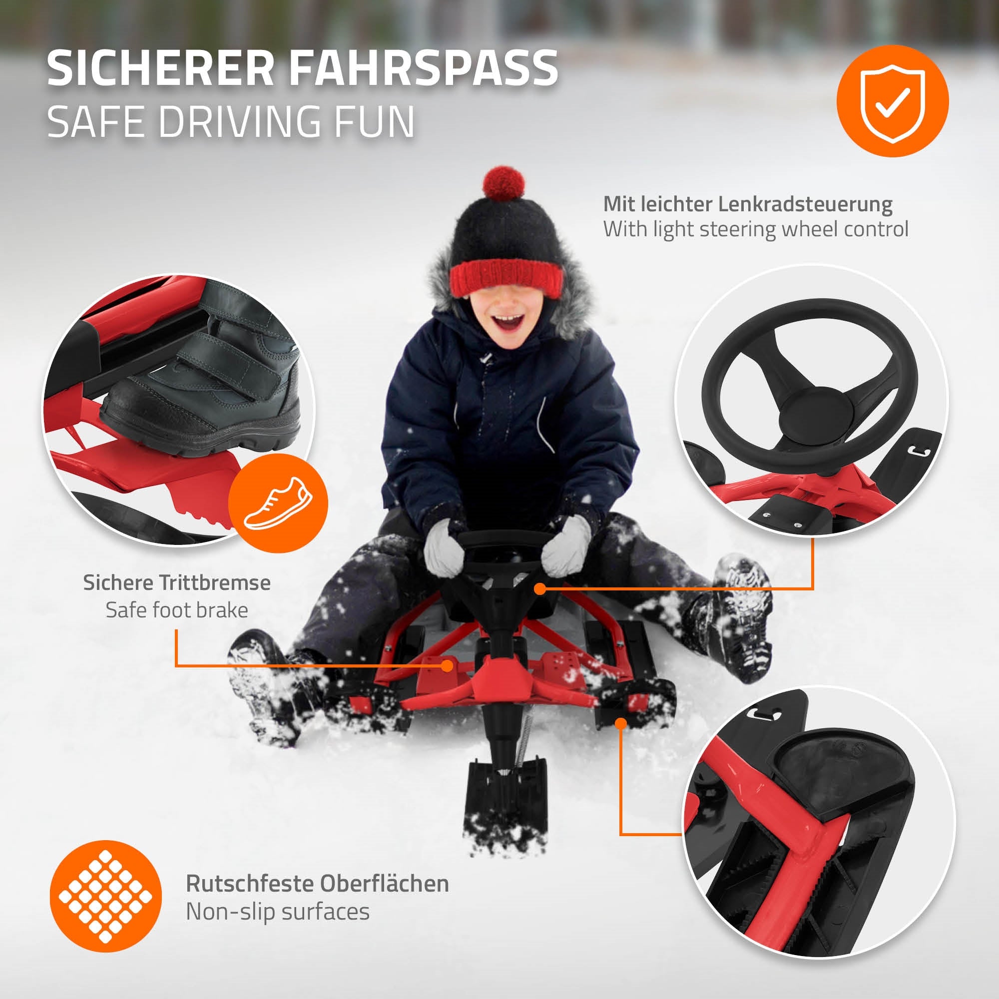 Enfant glissant sur une luge rouge dans la neige, avec des caractéristiques de sécurité mises en avant.