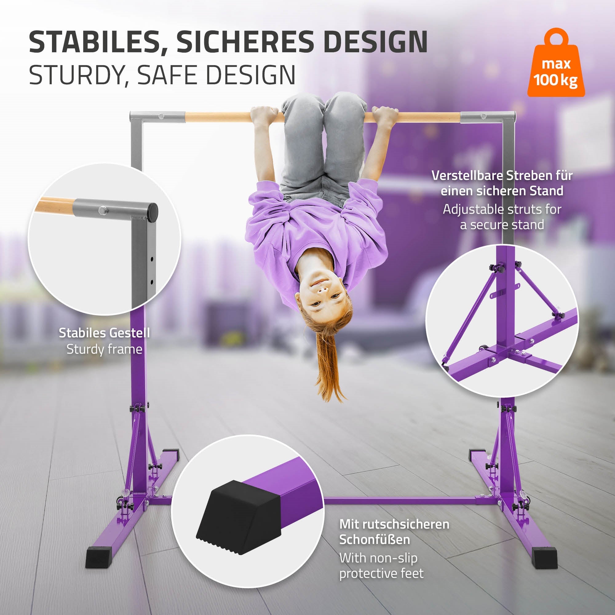 Child hanging upside down on a stable purple gym apparatus.