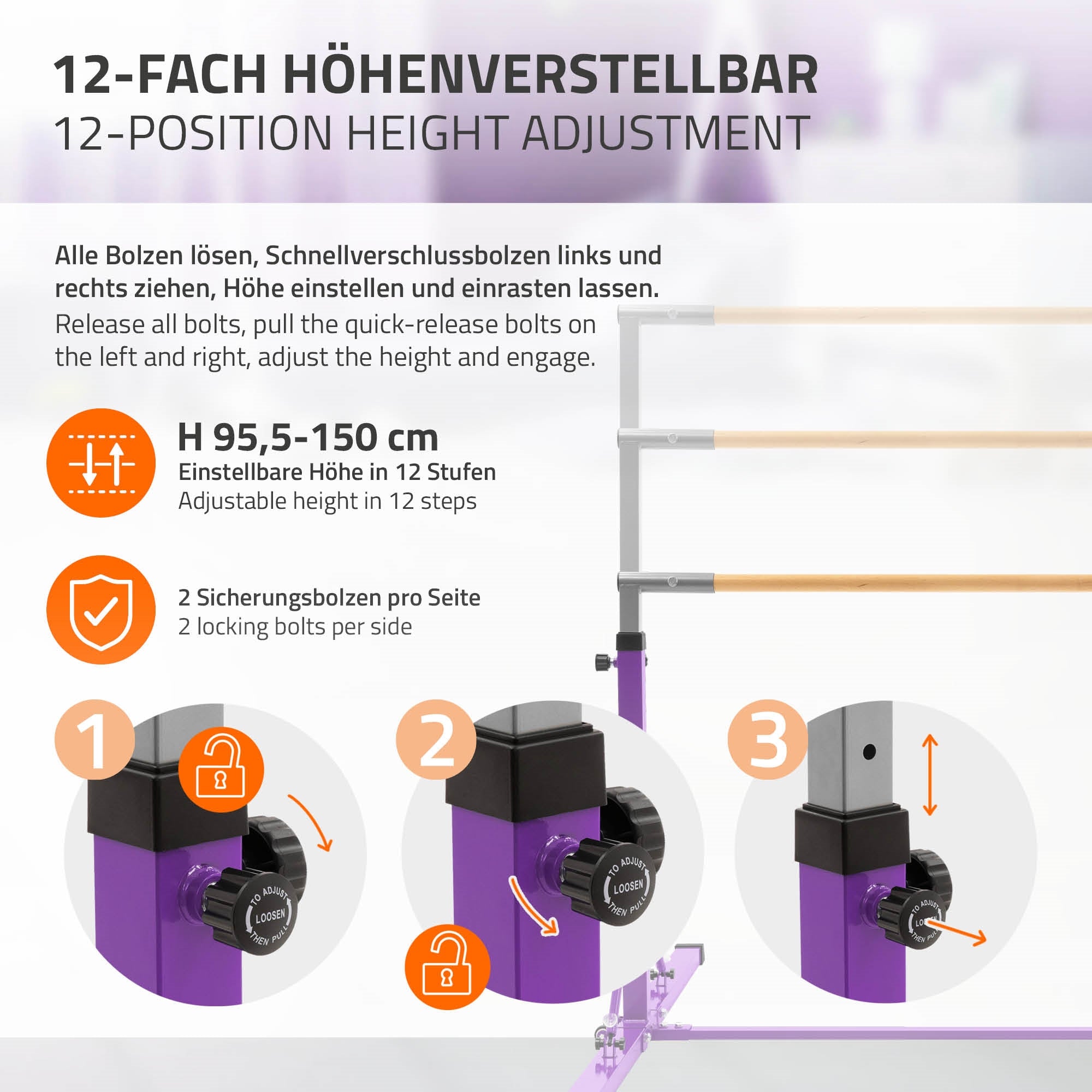 Graphic of the height-adjustable gym bar with adjustment options and safety pin.