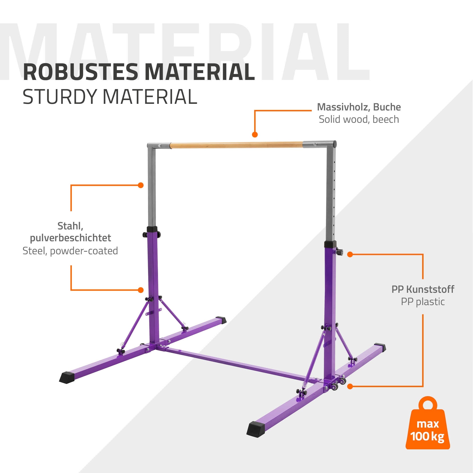 Gym apparatus made of robust material with description of materials and maximum load.