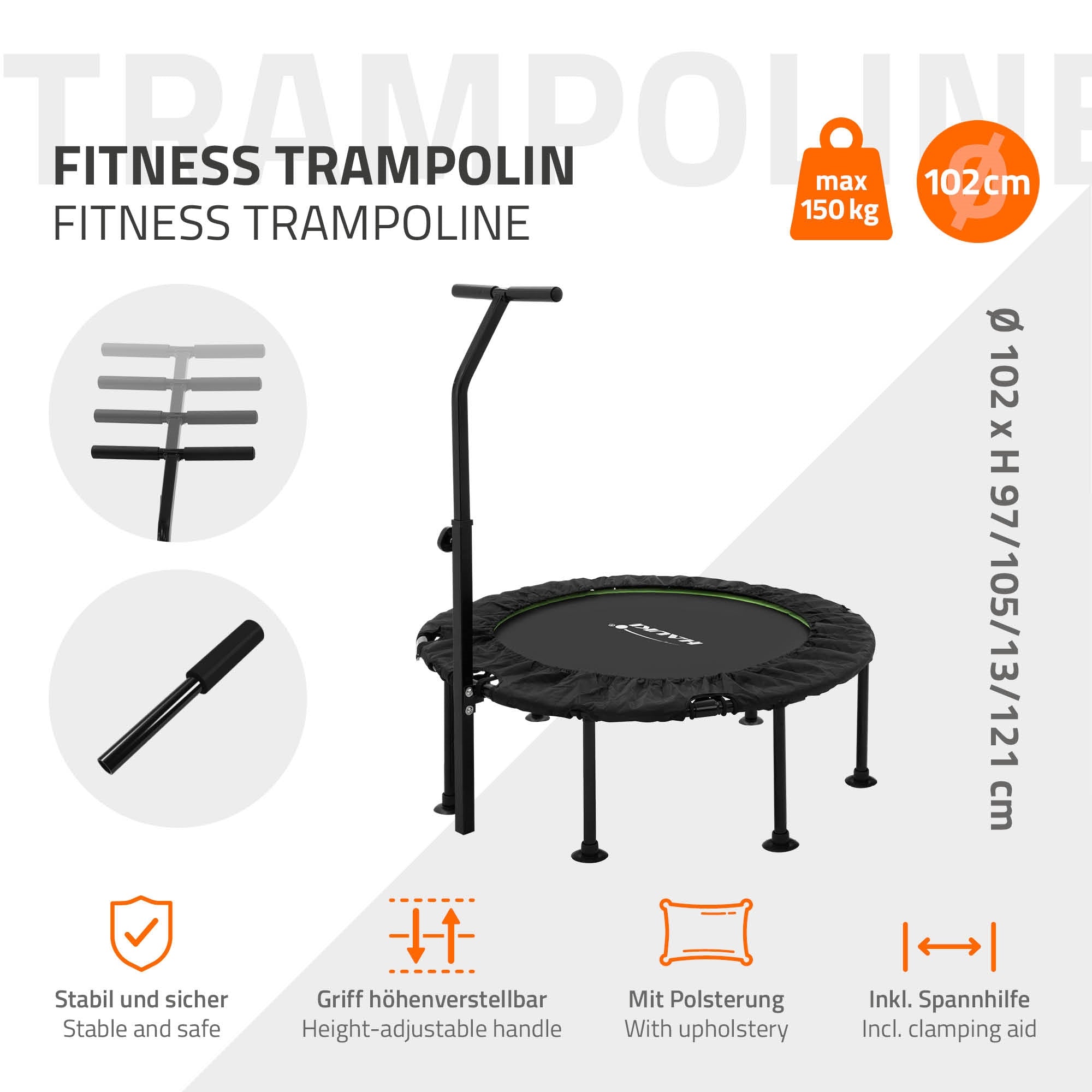 Trampolino fitness con maniglia regolabile in altezza e bordo imbottito.