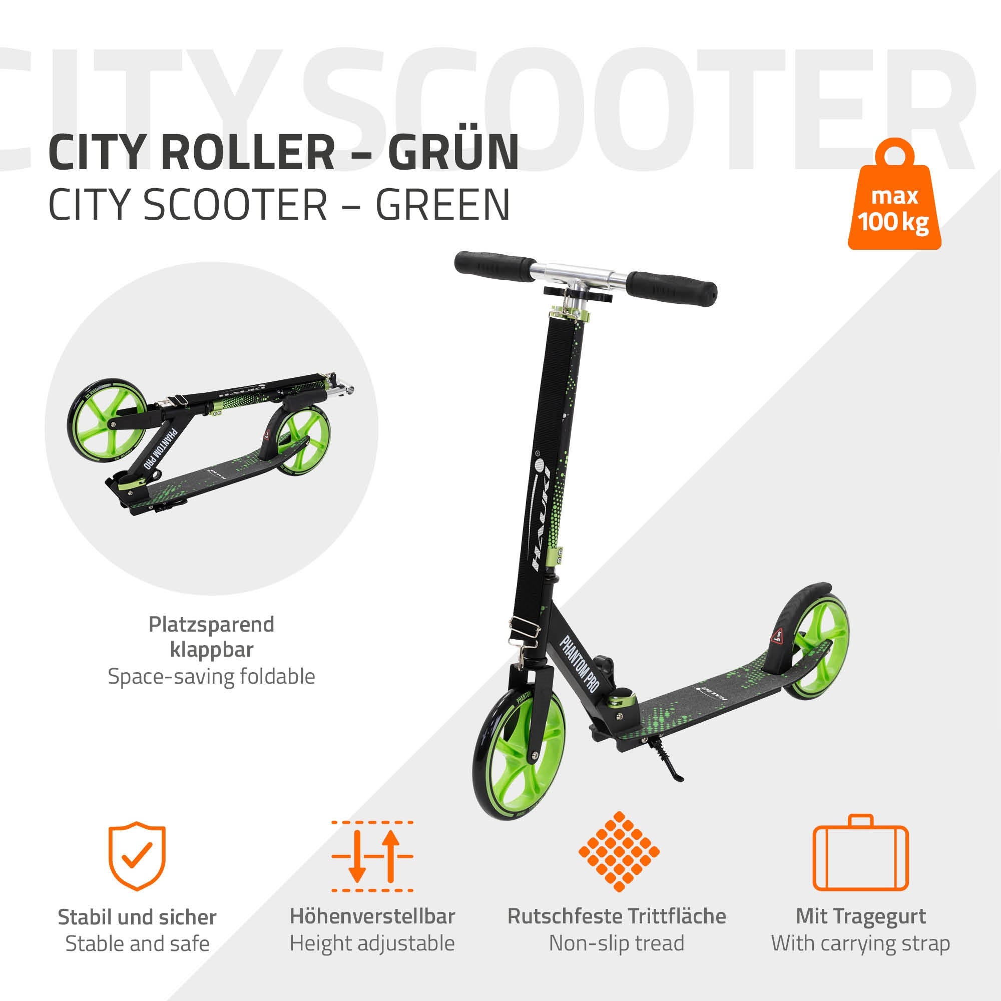 Egy zöld városi roller csúszásmentes lépőfelülettel.