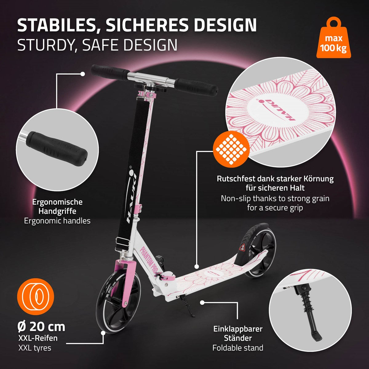 Faltbarer Roller mit ergonomischen Griffen und rutschfester Oberfläche.