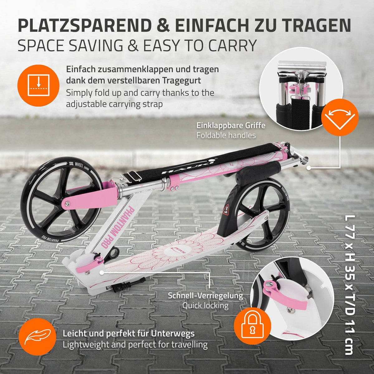 Scooter mit klappbaren Griffen und verstellbarem Tragegurt, auf grauem Hintergrund.
