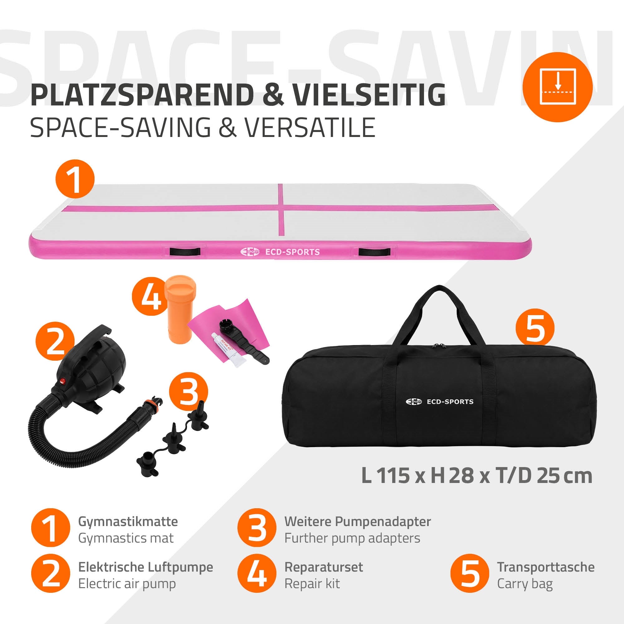 Luftmatratze mit Zubehör, Pumpe und Tragetasche, in pink und weiß.