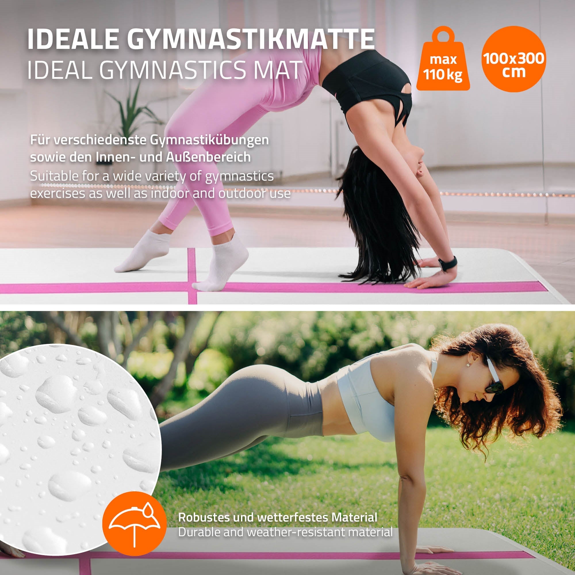 Gymnastikmatte mit einer Person in Brücke, Informationen über die Matte.