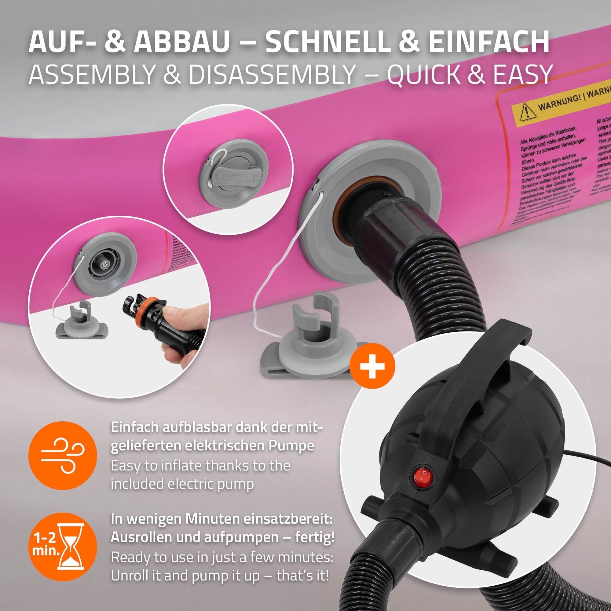 Detailaufnahme der elektrischen Pumpe zur schnellen Aufblasung der Gymnastikmatte.