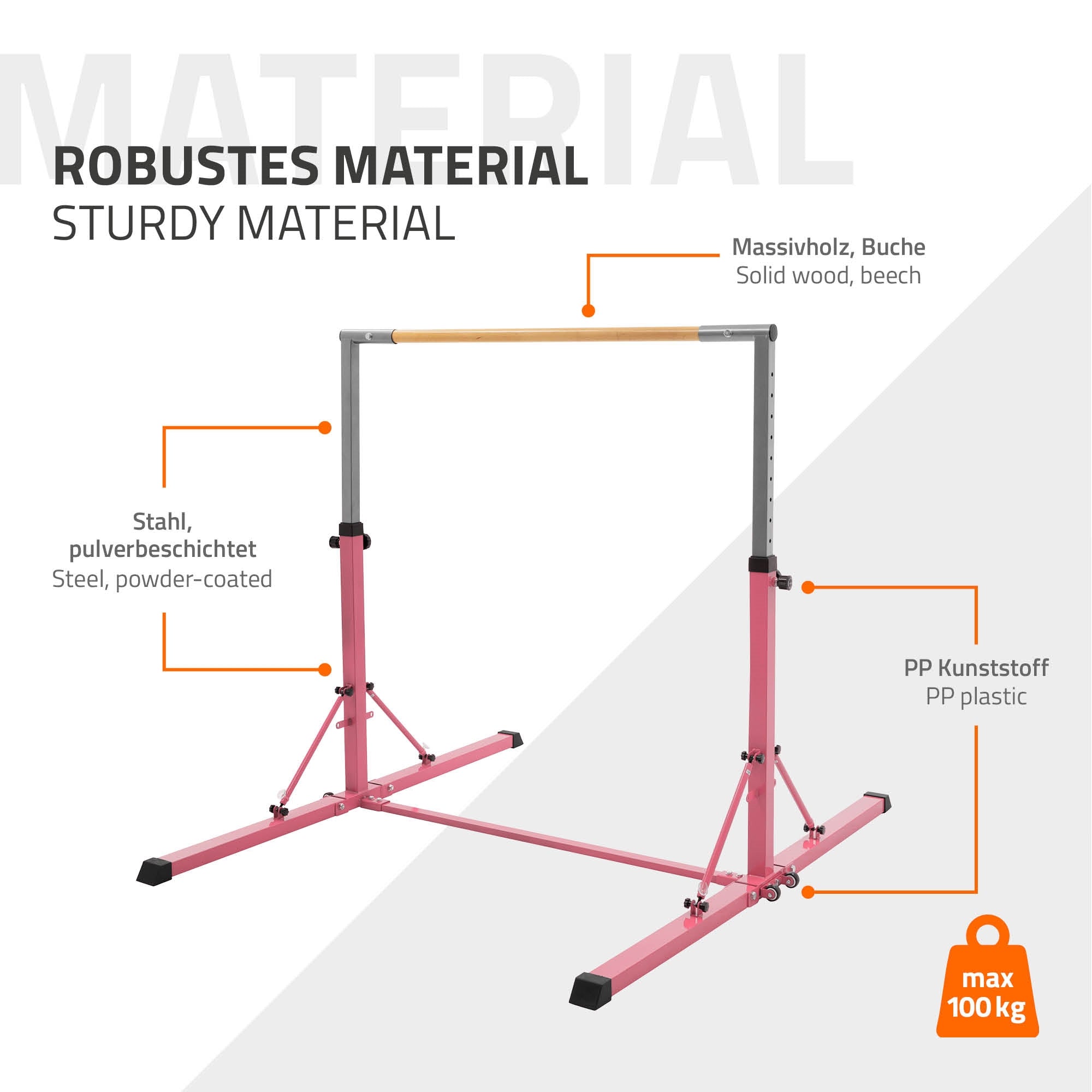 Appareil de gymnastique en acier revêtu de poudre et en bois avec une charge maximale de 100 kg.