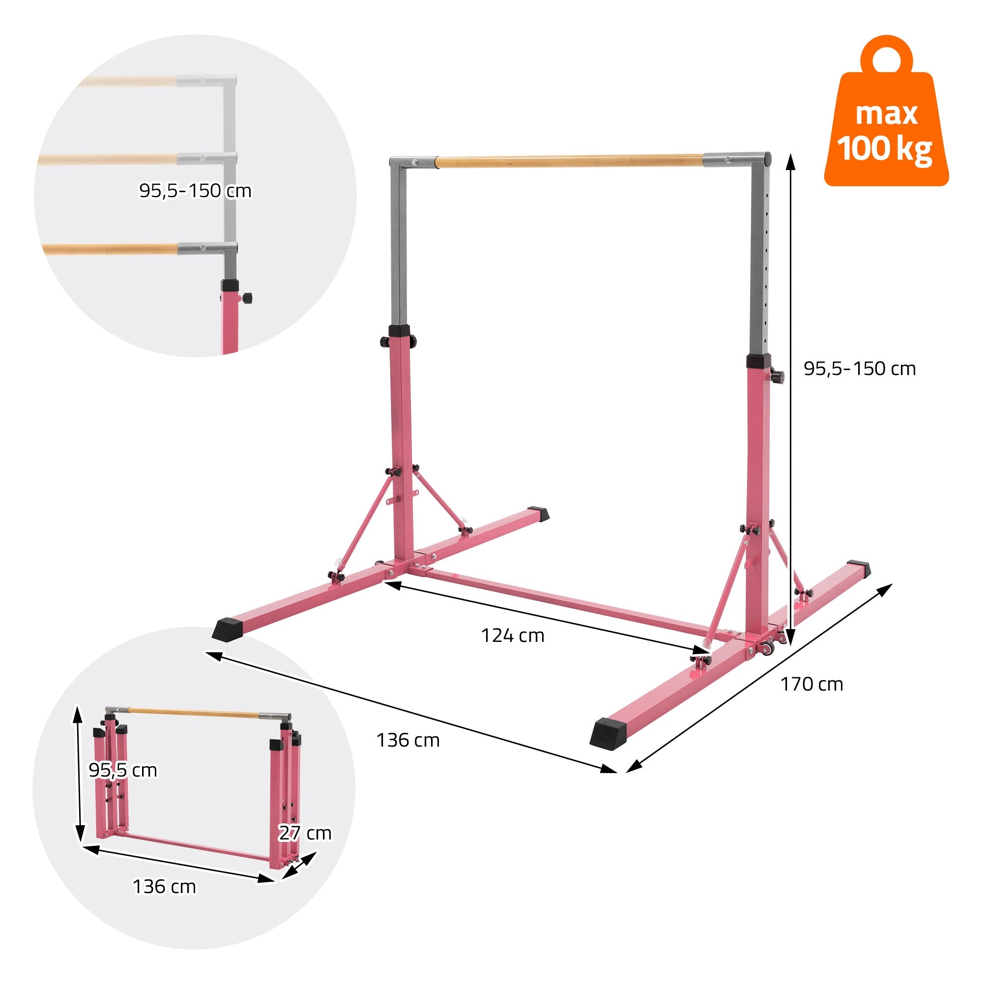 Appareil de gymnastique avec un cadre rose et une barre en bois, dimensions indiquées.