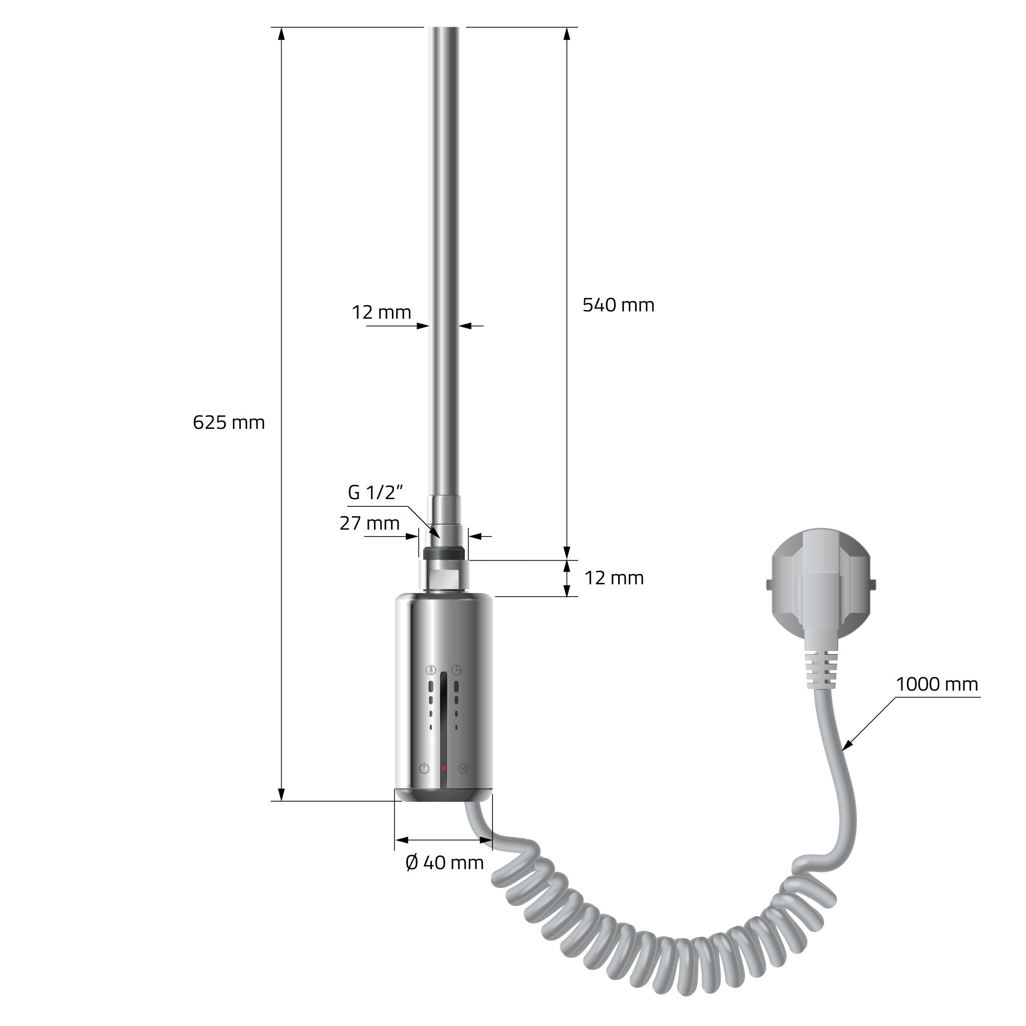 Heating rod with chrome surface and cable.