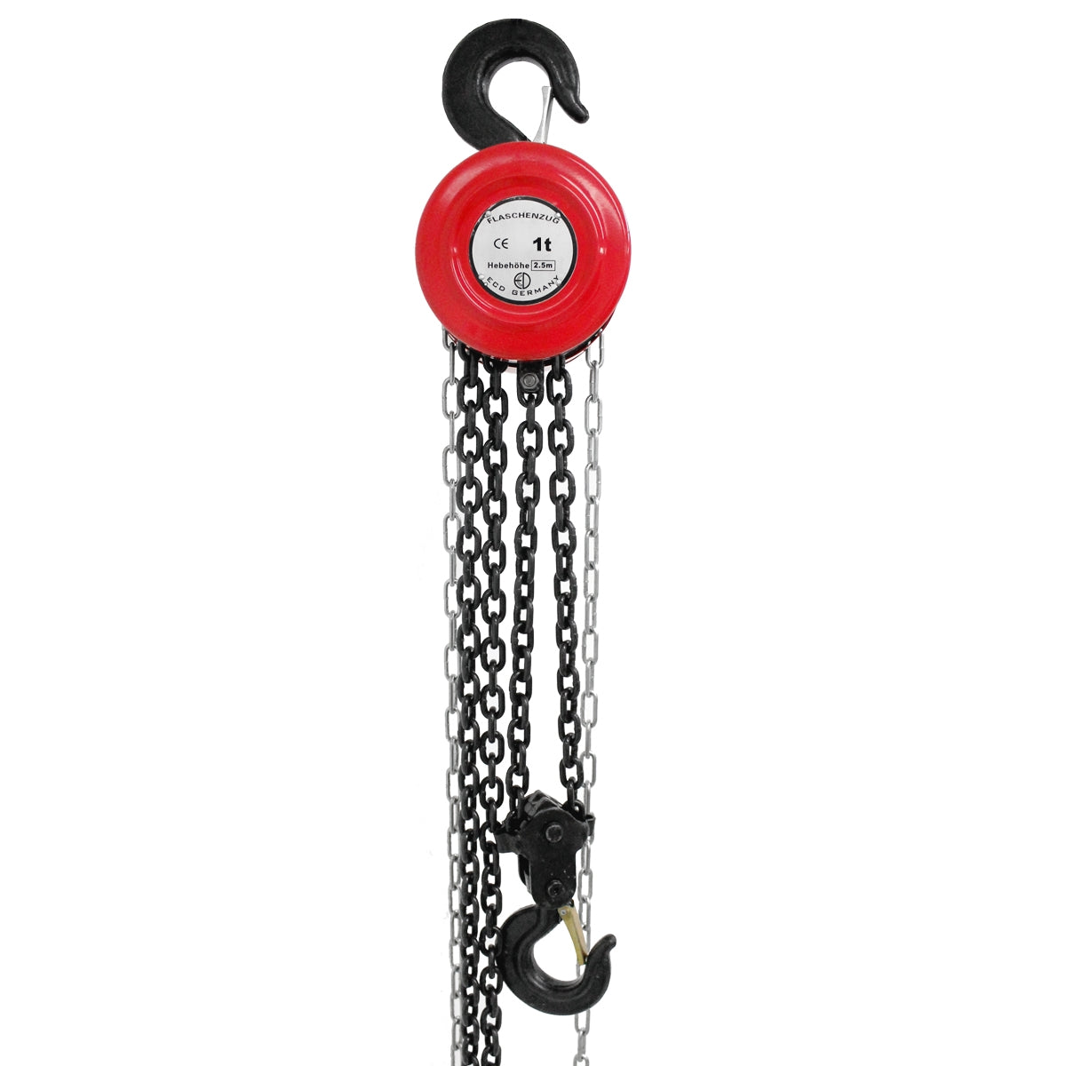 Red pulley with chain and hook, on a white background.