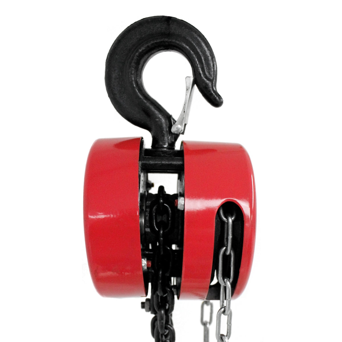 Red roller with black hook and chain, side view.