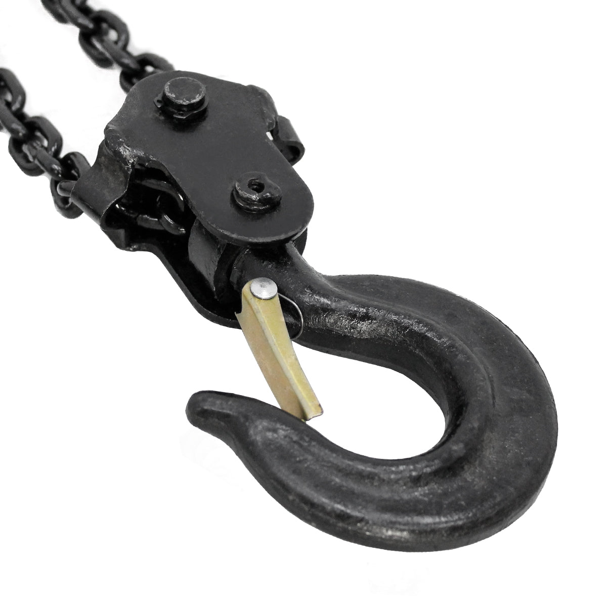 Black hook of a crane with a chain in the background.