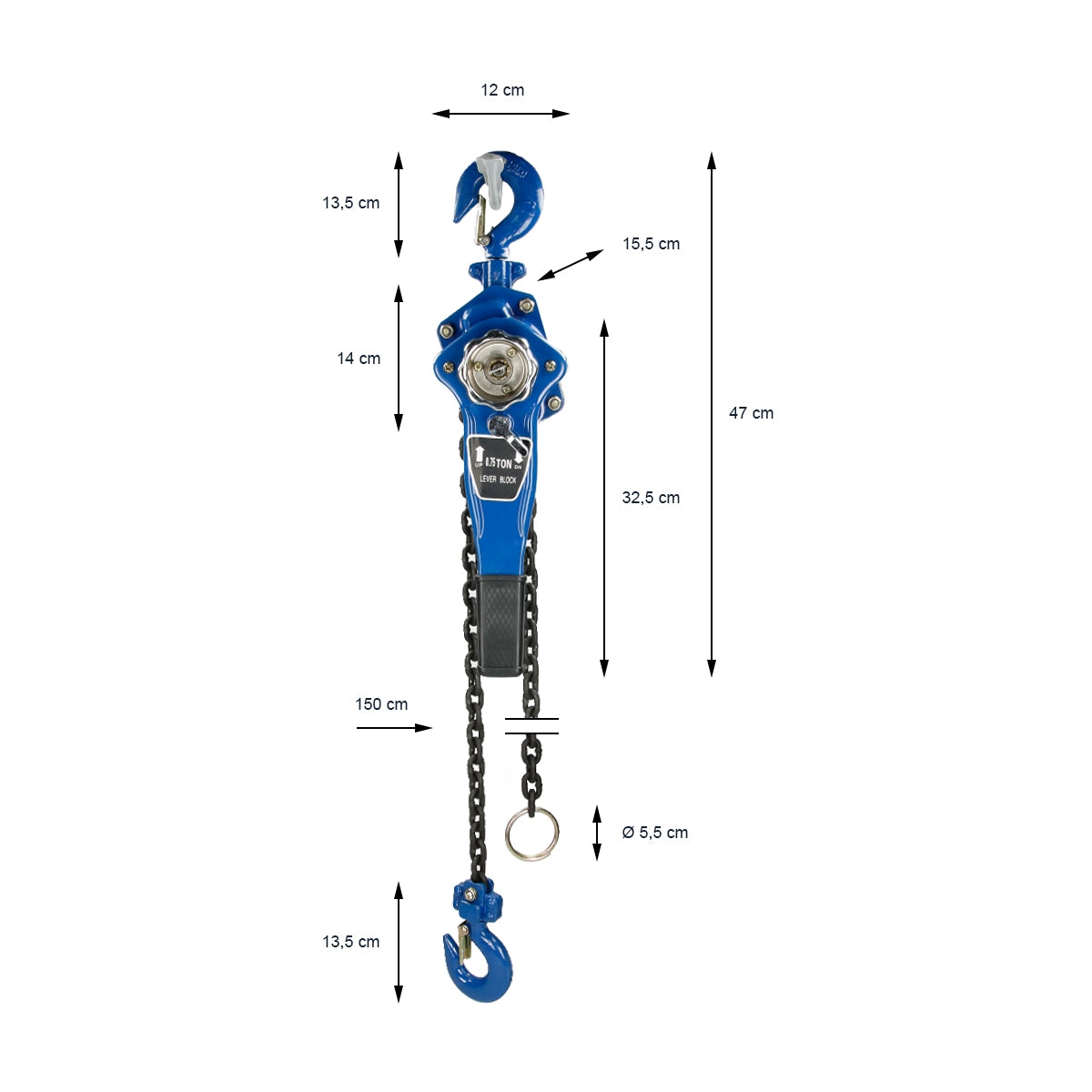 Leva manuale blu con catena e gancio, le misure sono indicate.