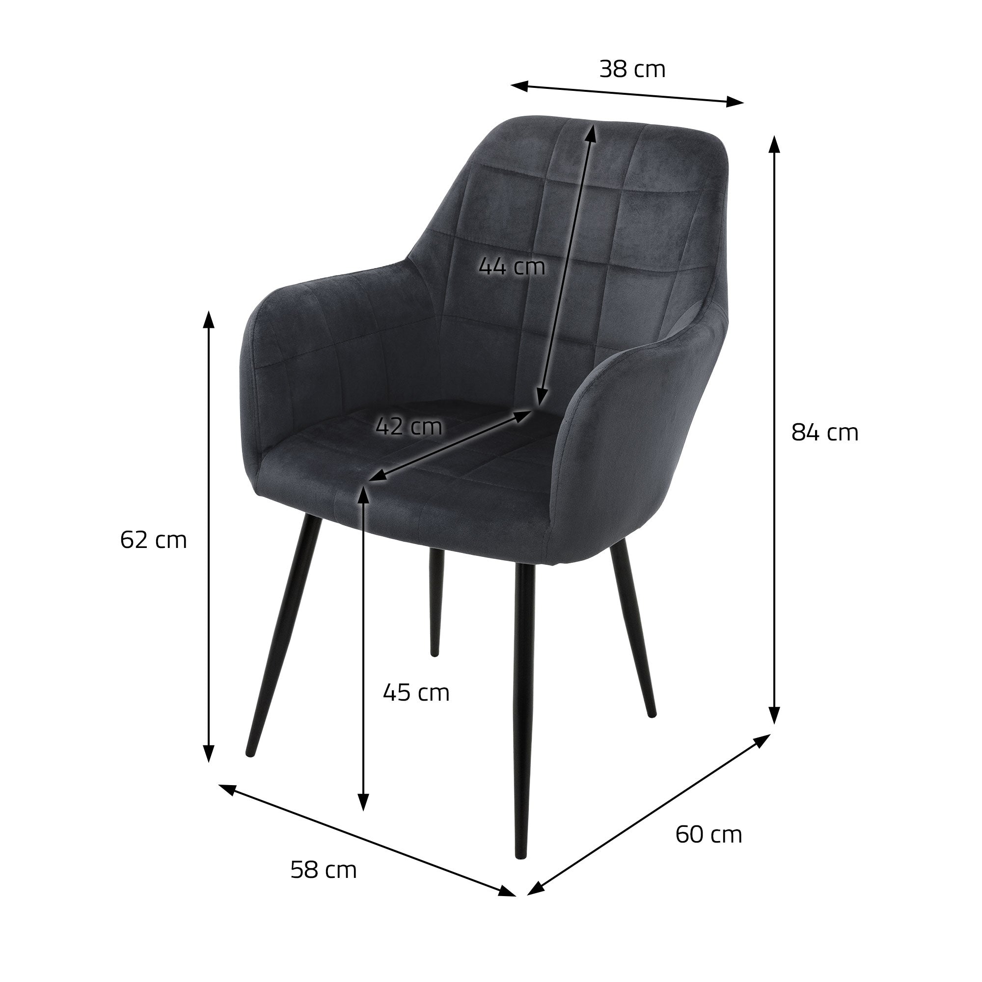 Schwarzer Stuhl mit Maßen: Höhe 84 cm, Breite 60 cm, Tiefe 58 cm.