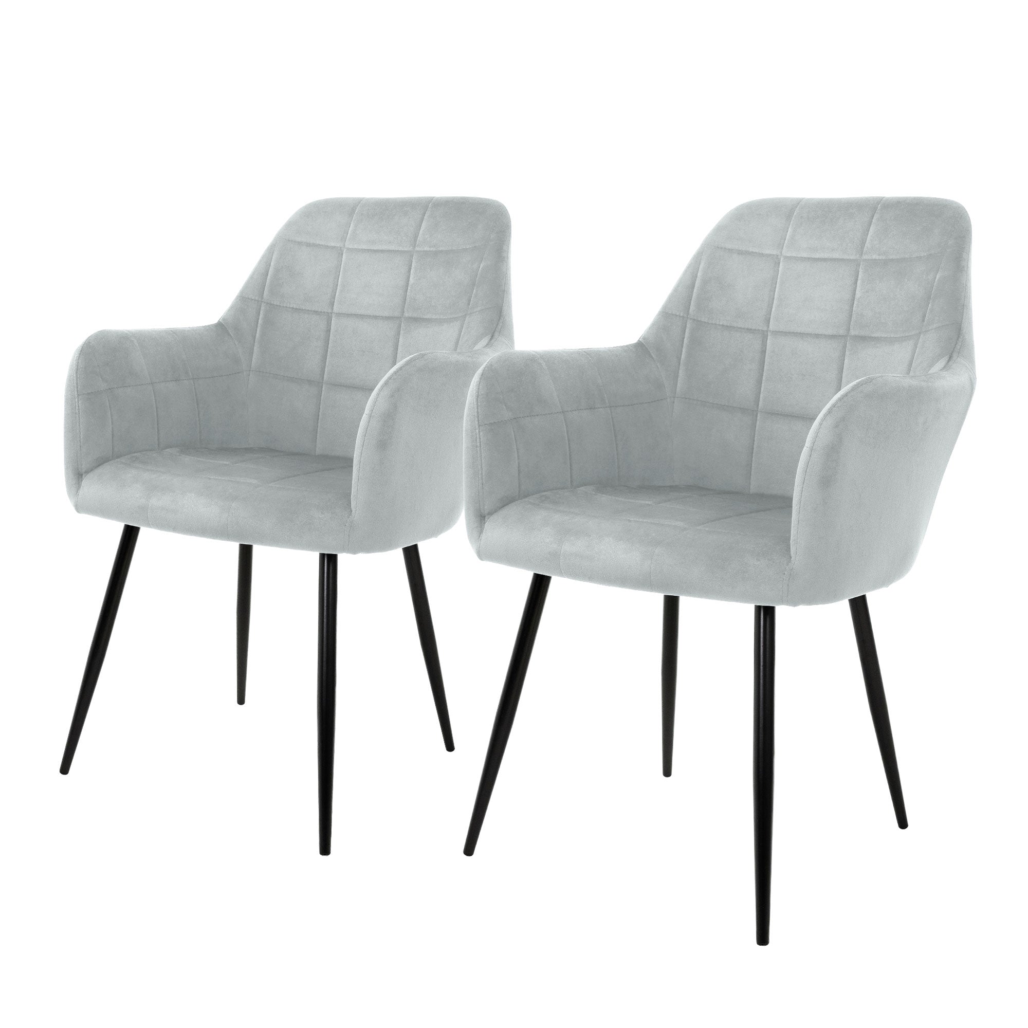Két szürke szék karfával fekete lábakkal.