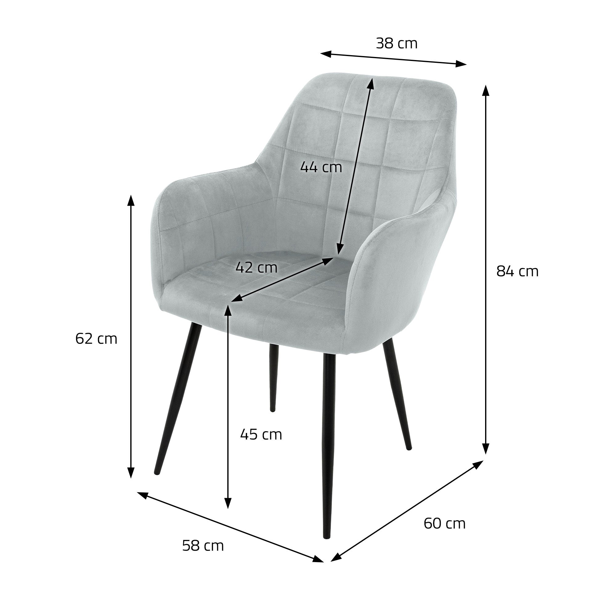 Grå stol med mål: Højde 84 cm, Bredde 60 cm, Dybde 58 cm.