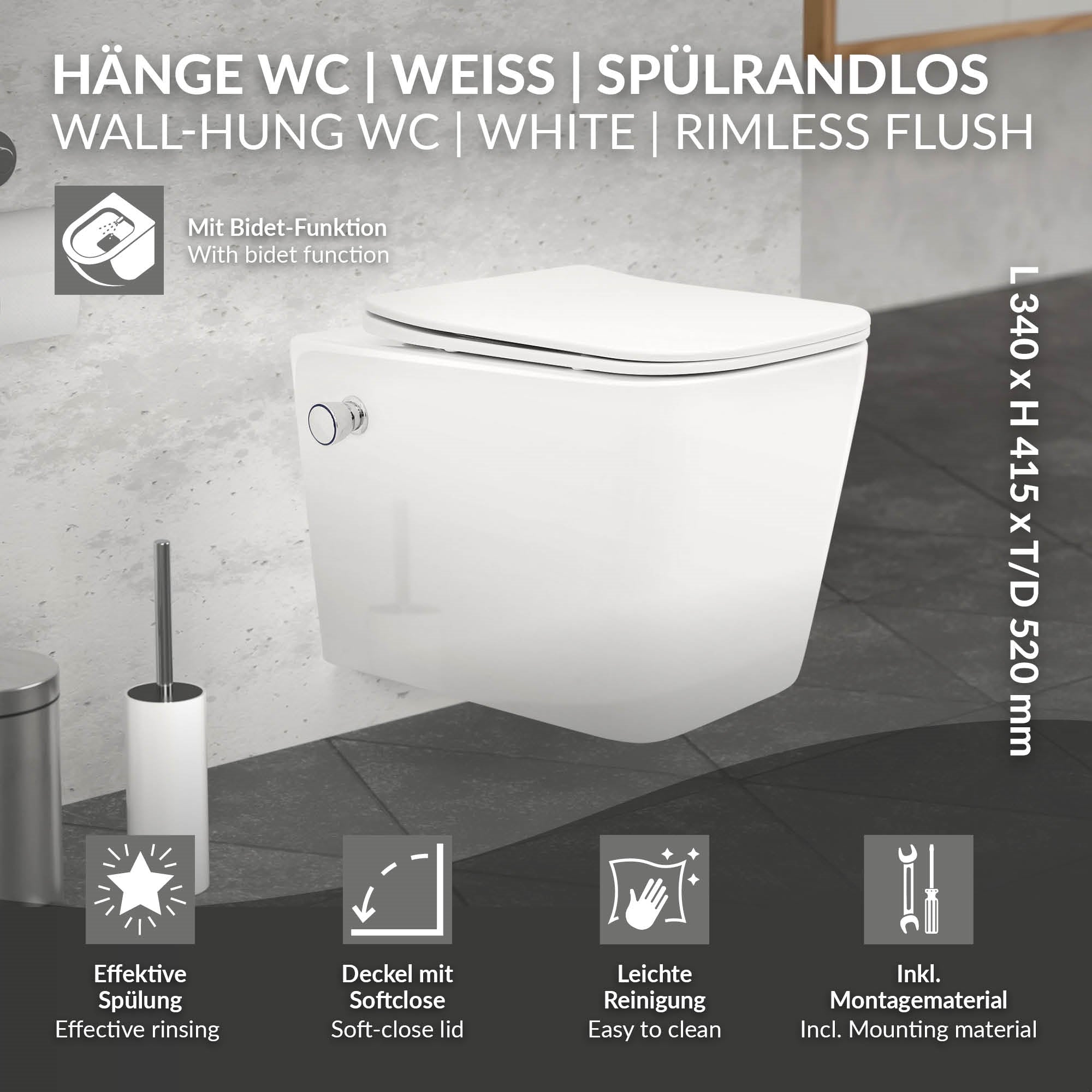 Wand-WC in Weiß, spülrandlos mit Bidet-Funktion.