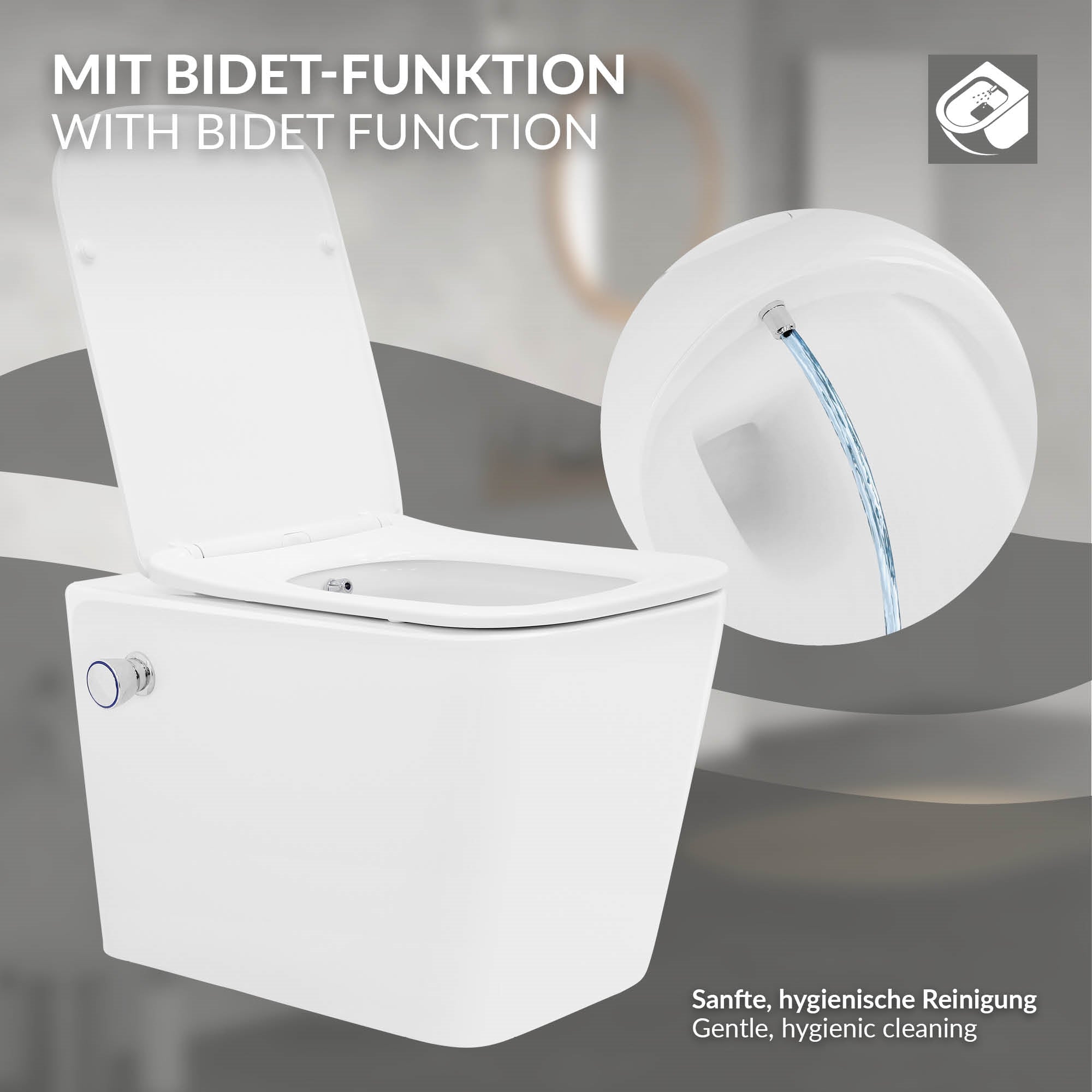 Toilette mit Bidet-Funktion, weißes Design, sanfte Reinigung.