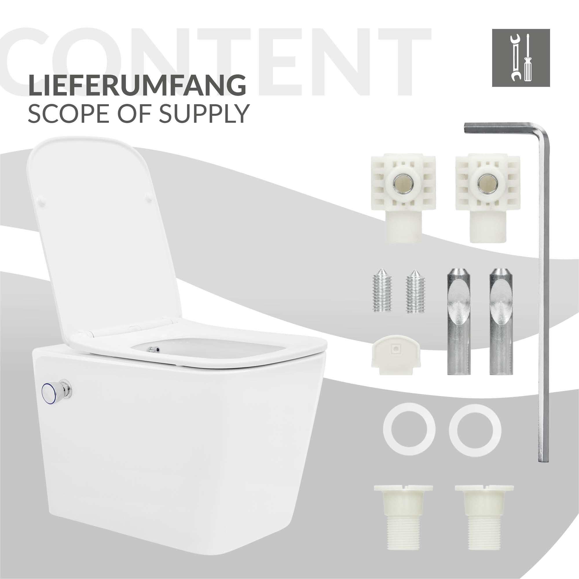Lieferumfang für eine Toilette mit Montagezubehör und Anleitung.