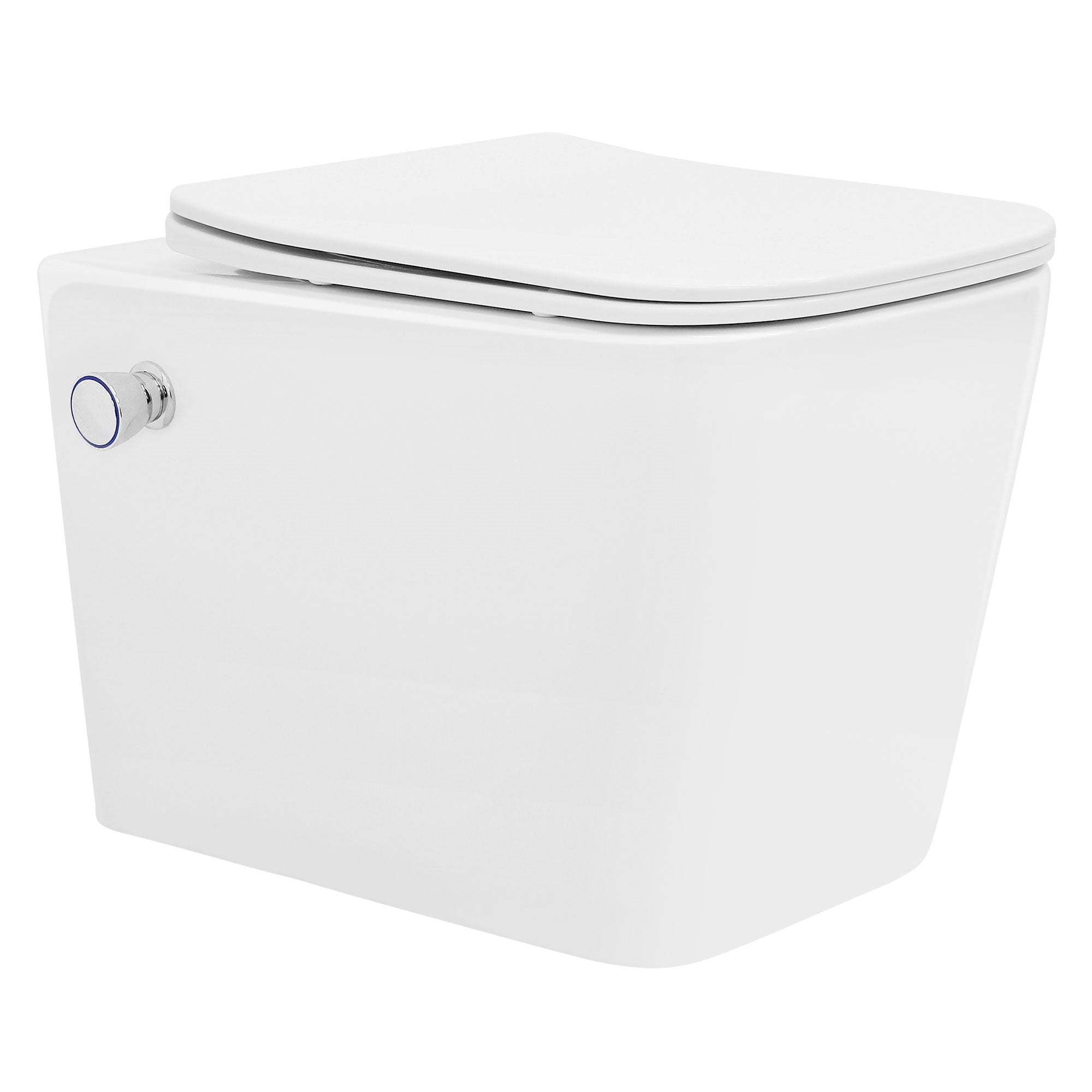 Weiße Toilettenschüssel von der Seite.