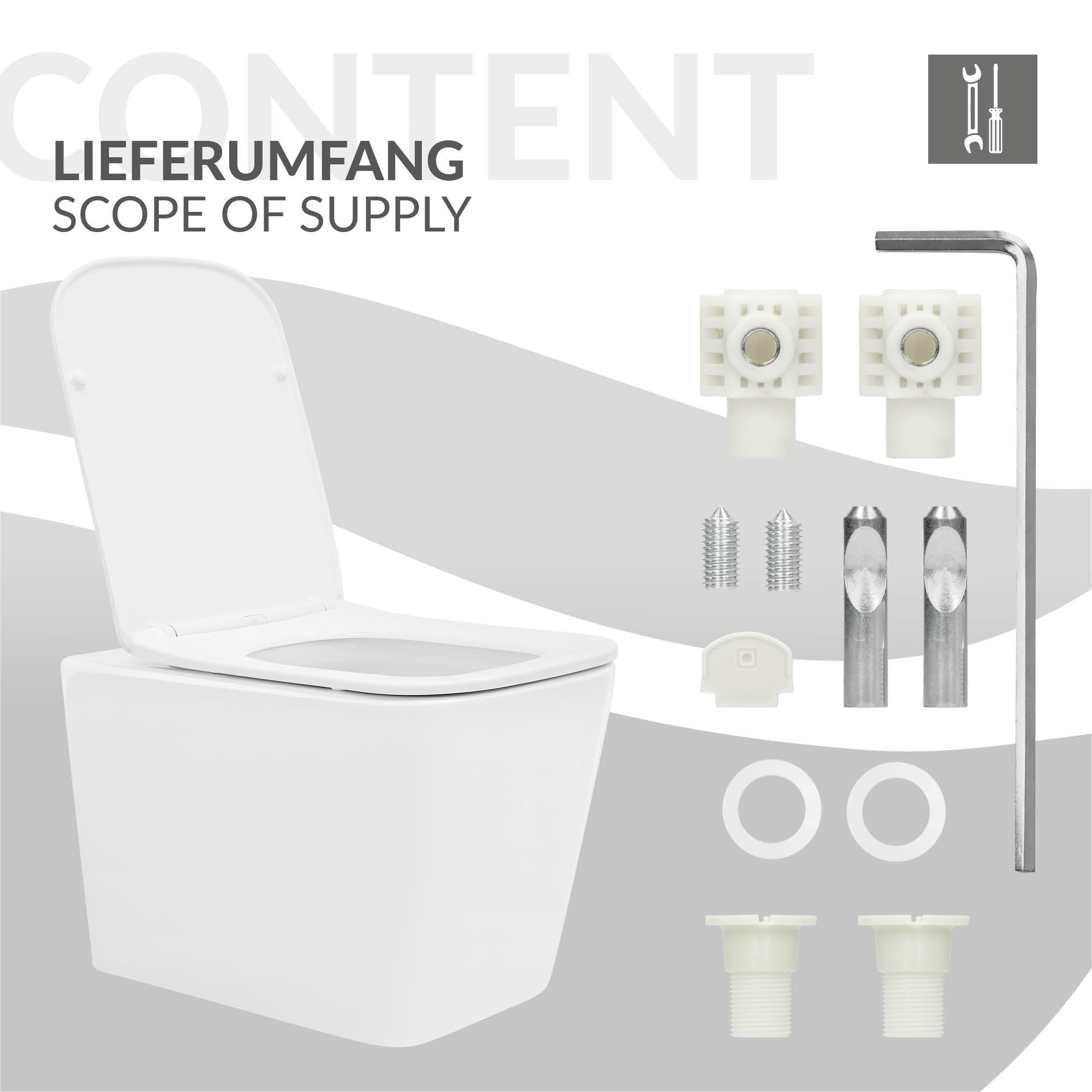 An overview of the parts for a toilet, including screws and seals.
