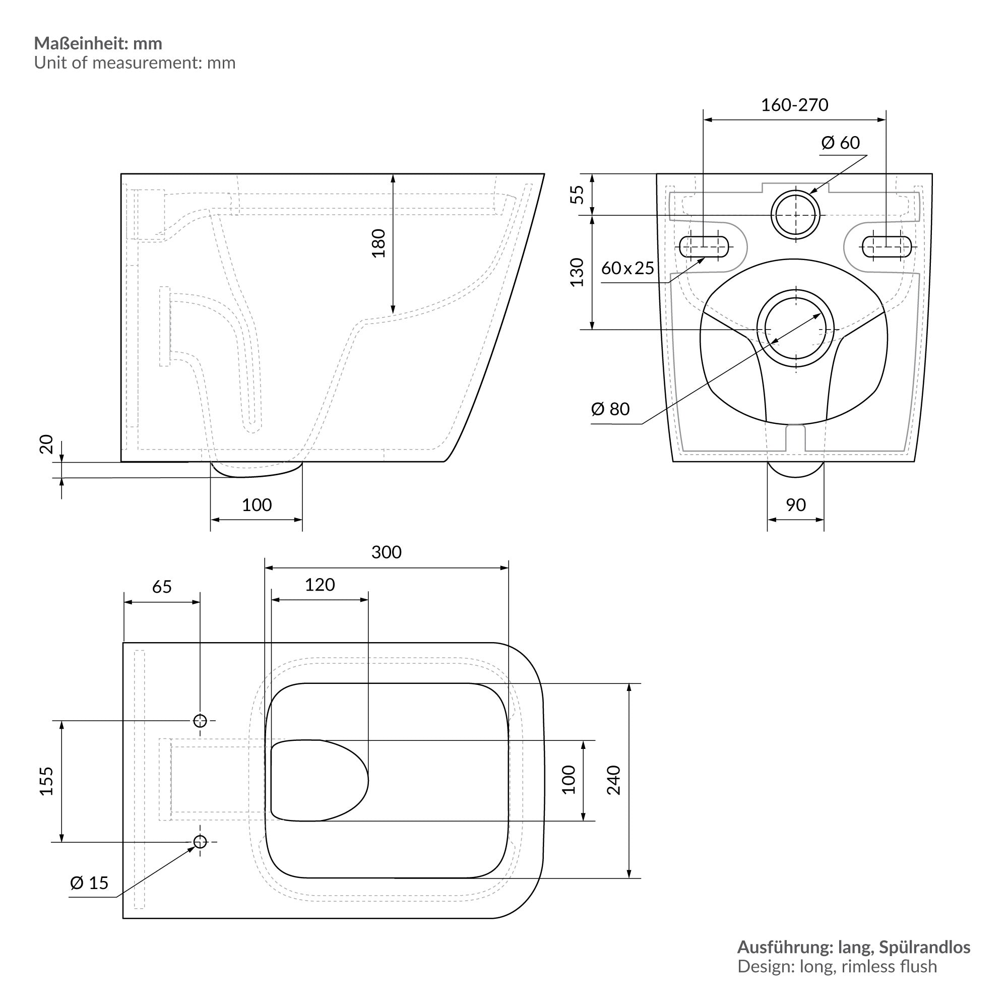 Technical drawing of a wall-mounted toilet with dimensions in millimeters.