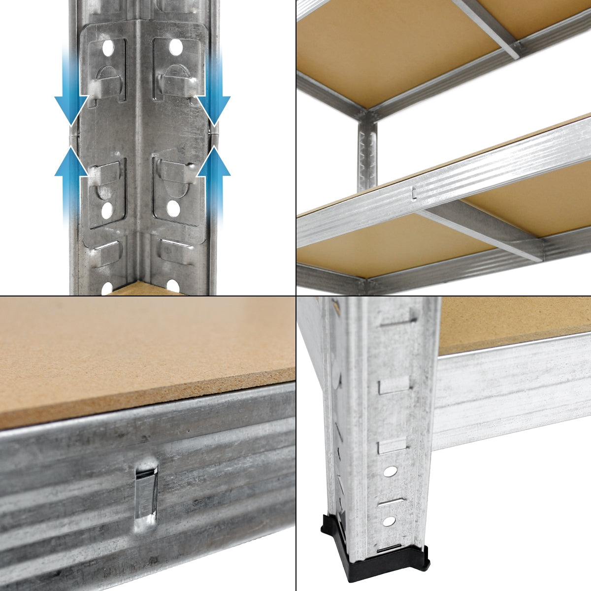 Detailopname van een rek met een metalen frame en houten planken.