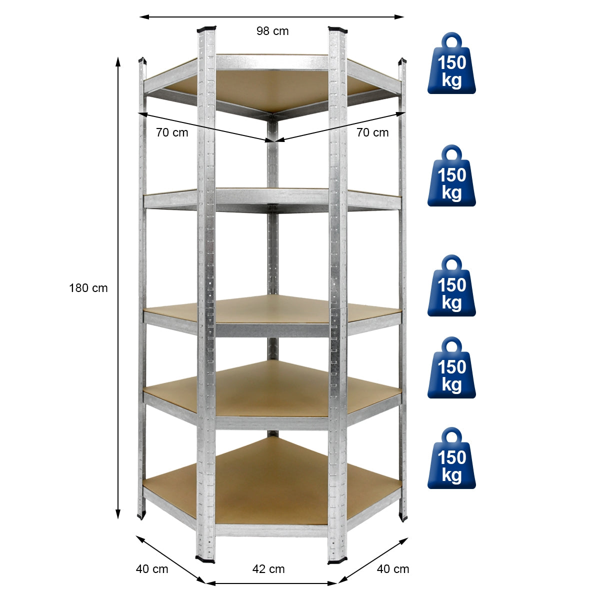 Una libreria con cinque ripiani, alta 180 cm e larga 98 cm.