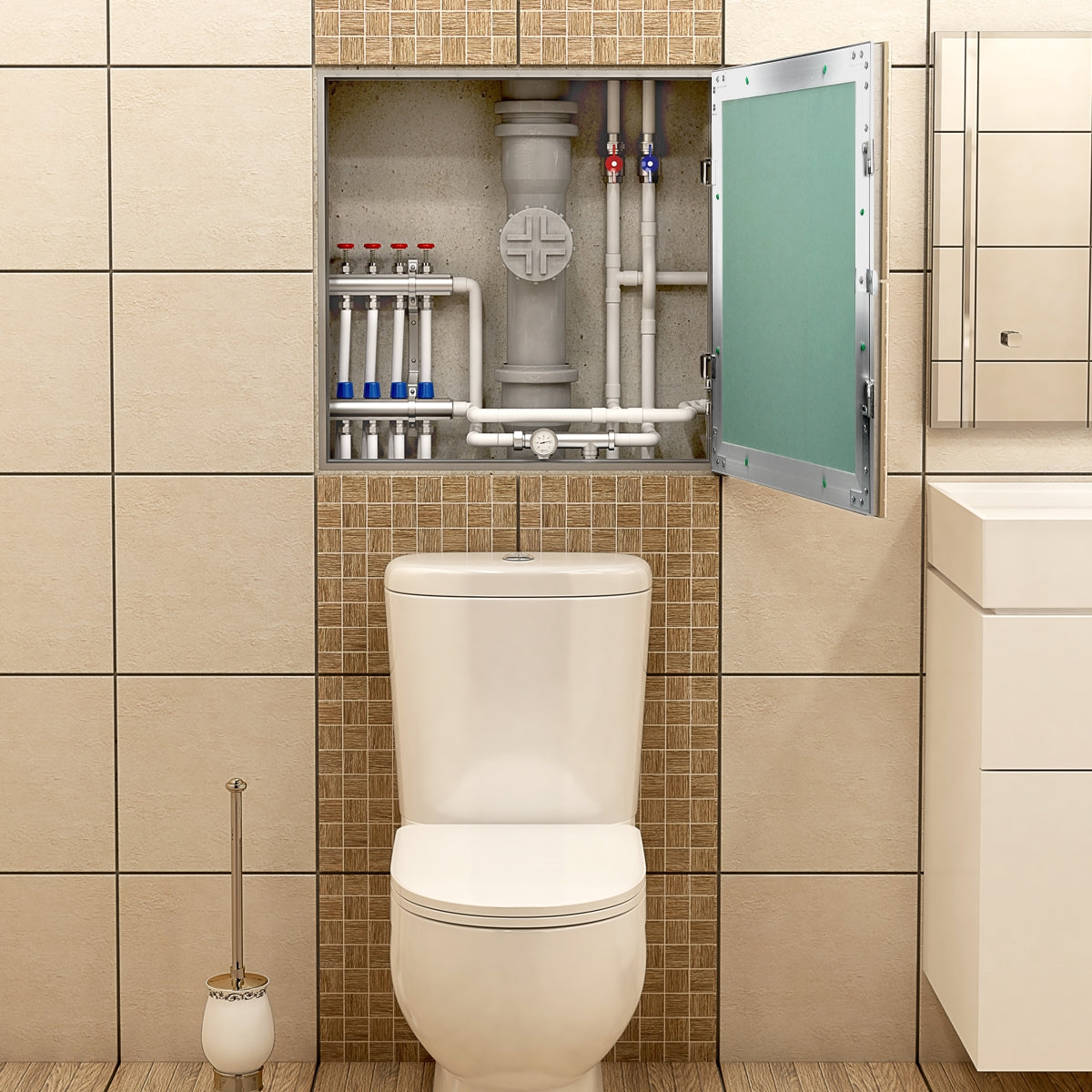 WC egy fal előtt nyitott karbantartó ajtóval és csövekkel.