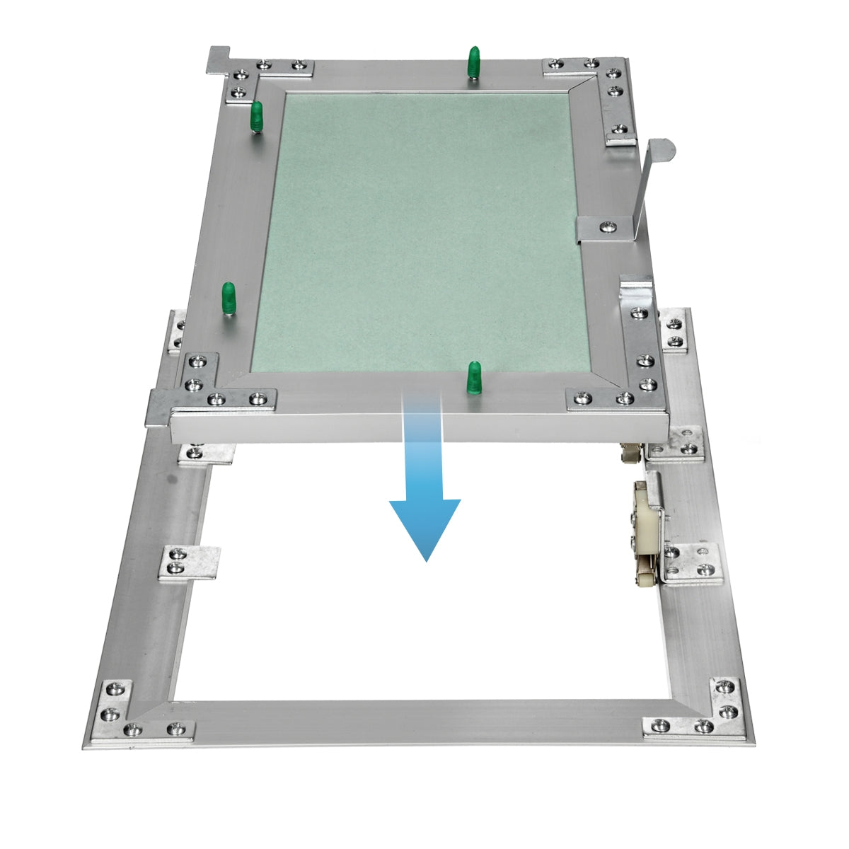 Metal frame with transparent glass, partially closed.