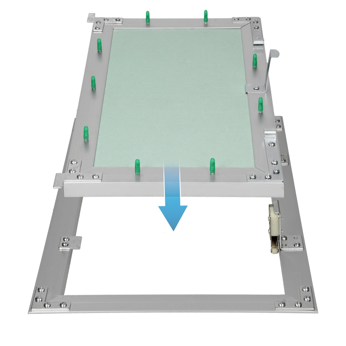 Assembly with a glass or plastic panel and brackets.