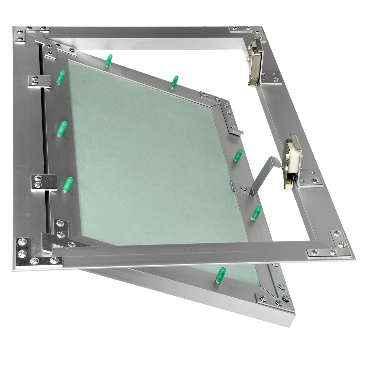 Metal frame with green plastic element and transparent material, partially opened.