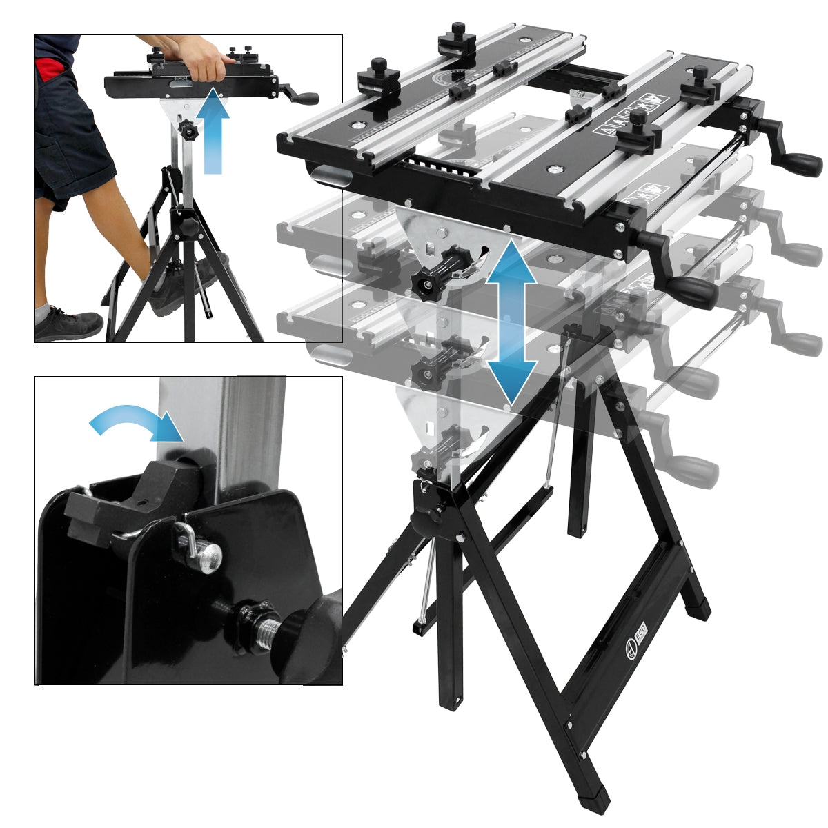 Soporte ajustable con múltiples soportes y un mecanismo de pie.