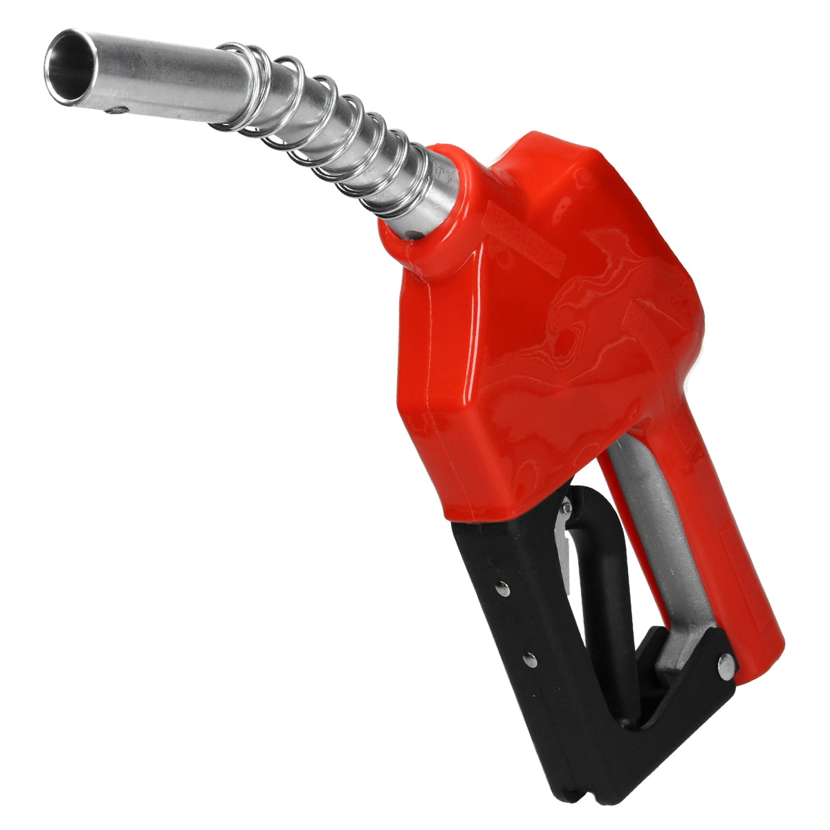 A red fuel nozzle with a flexible hose.