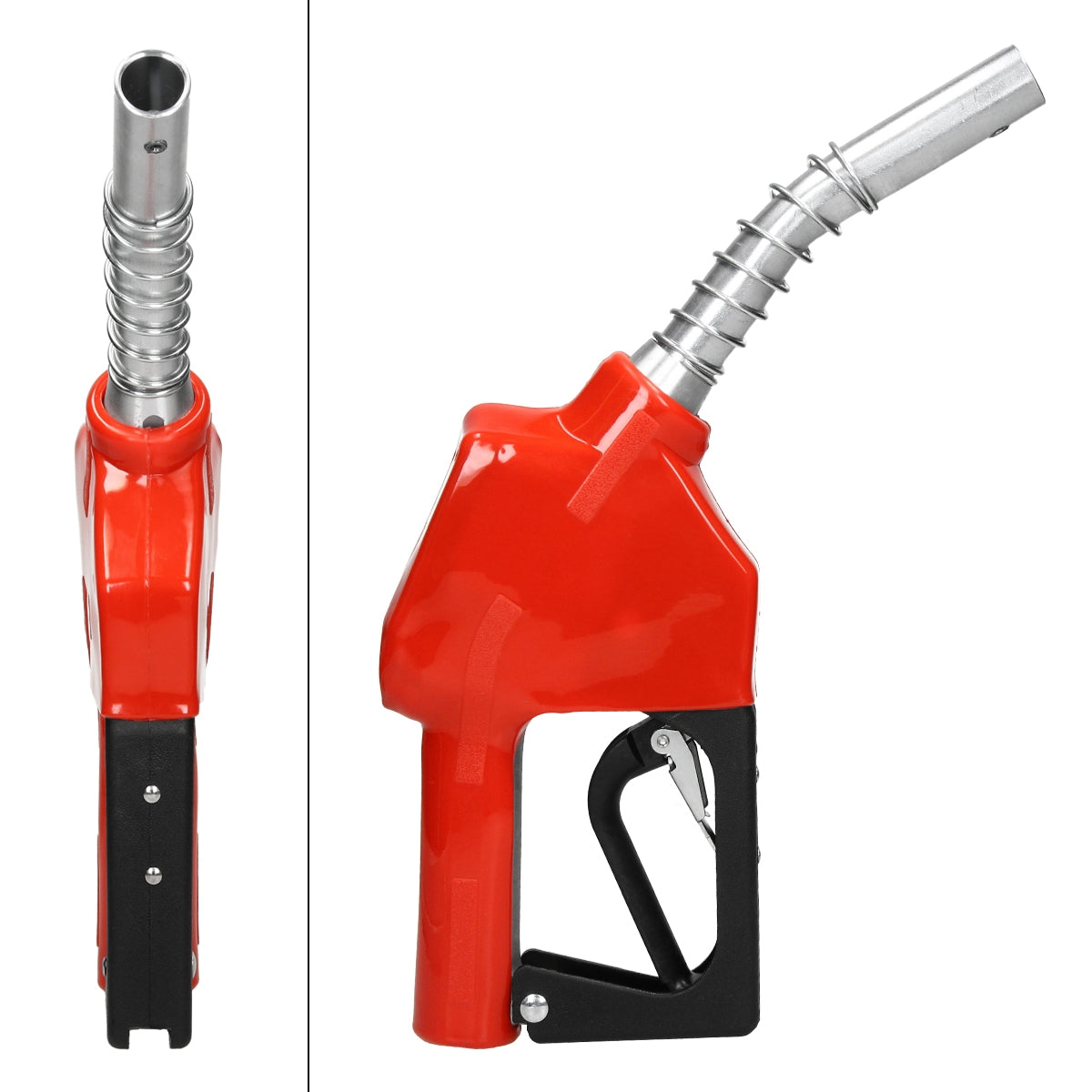 A red fuel nozzle, shown from the side and front.