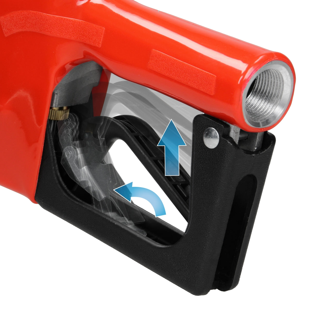 Close-up of a red spray handle with moving parts.