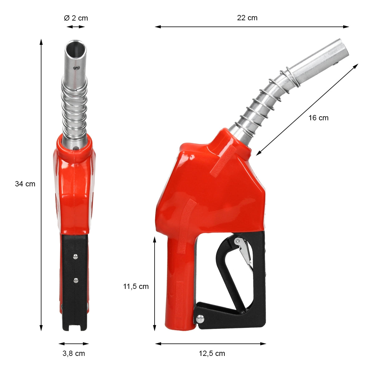 A red fuel nozzle with a flexible outlet pipe.