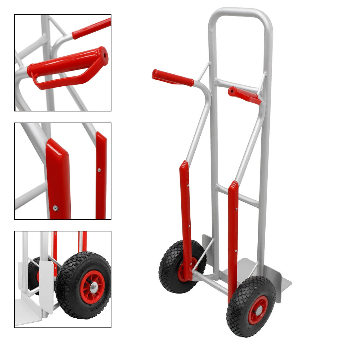 Chariot à main avec des poignées et des roues rouges, vue détaillée de la structure.