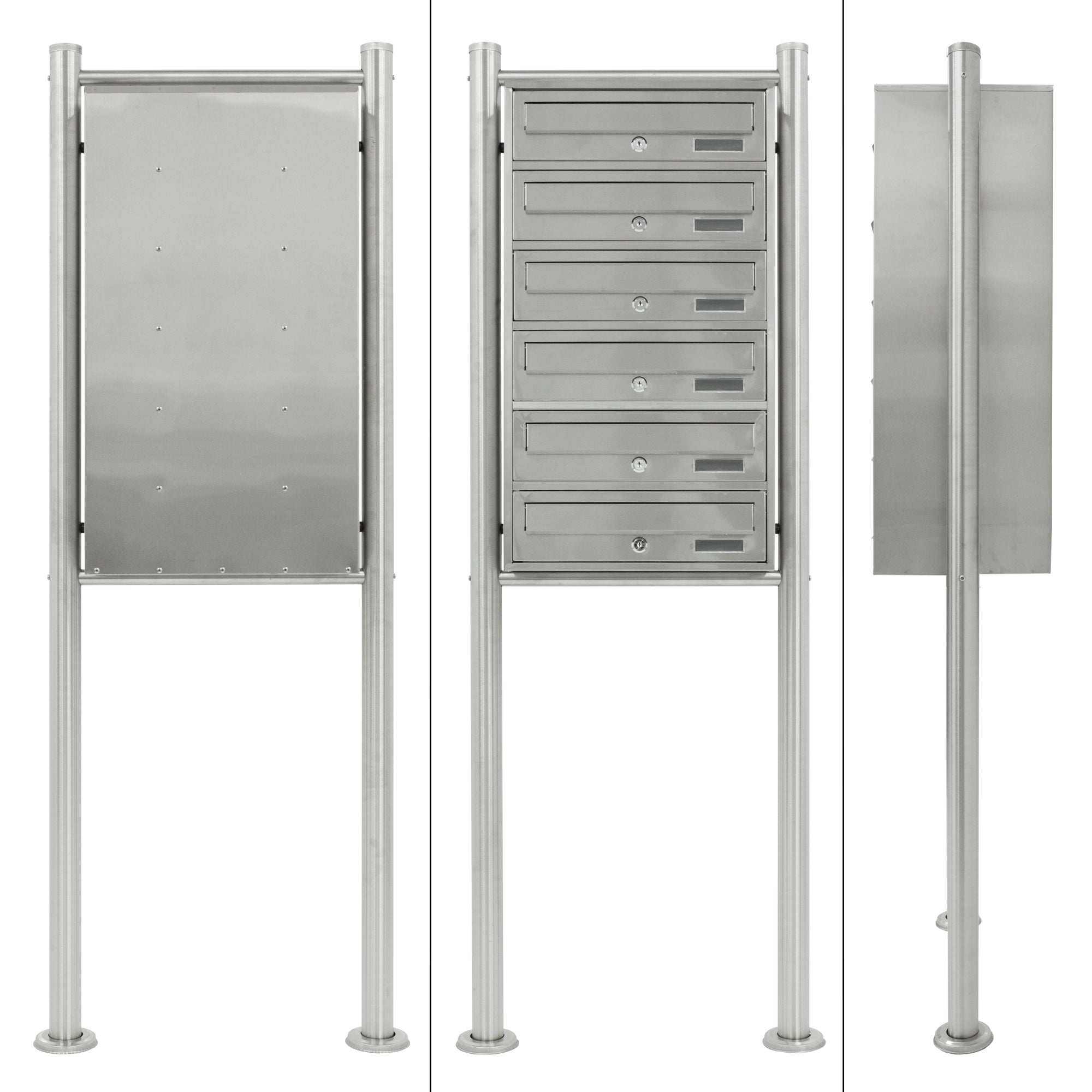 Side view of a silver mailbox with multiple compartments.