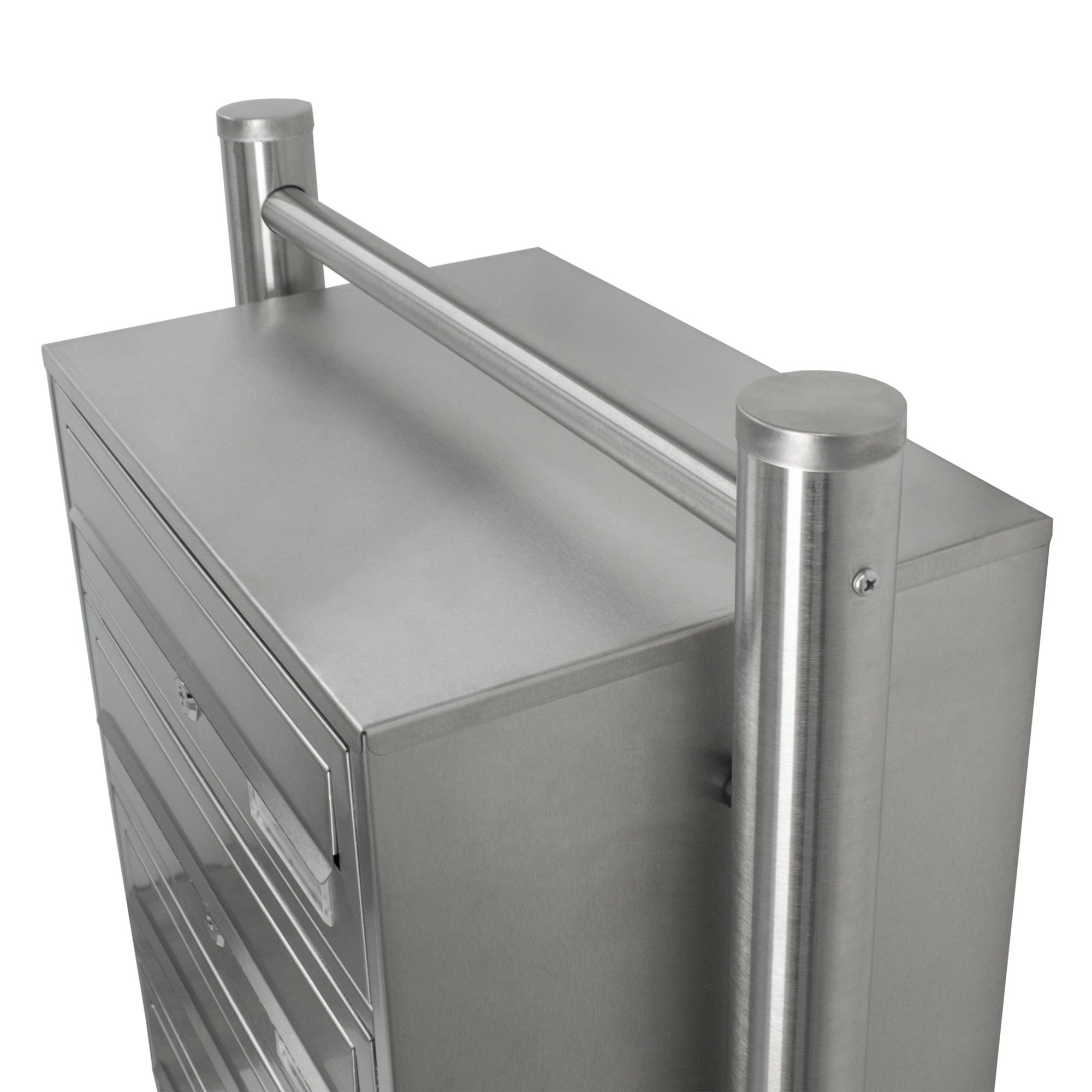 Top view of a mailbox with a handle.