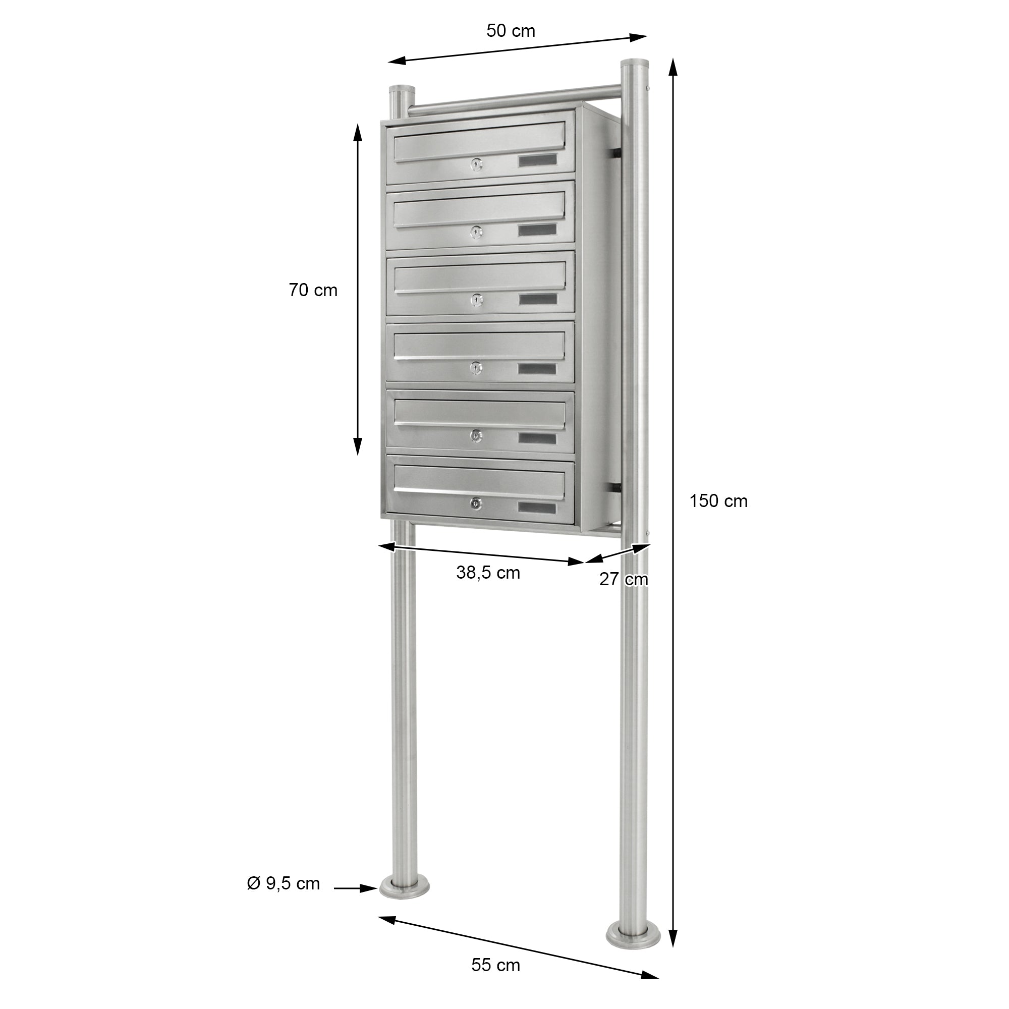 Mailbox with dimensions, on a stand with multiple compartments.