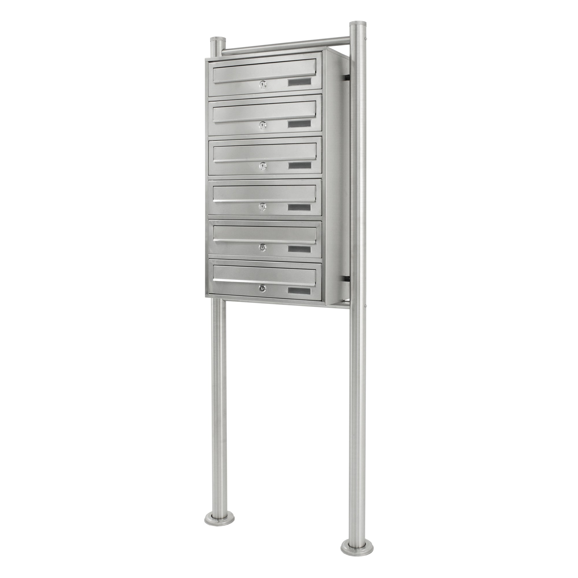 Single mailbox on a stand, made of stainless steel.