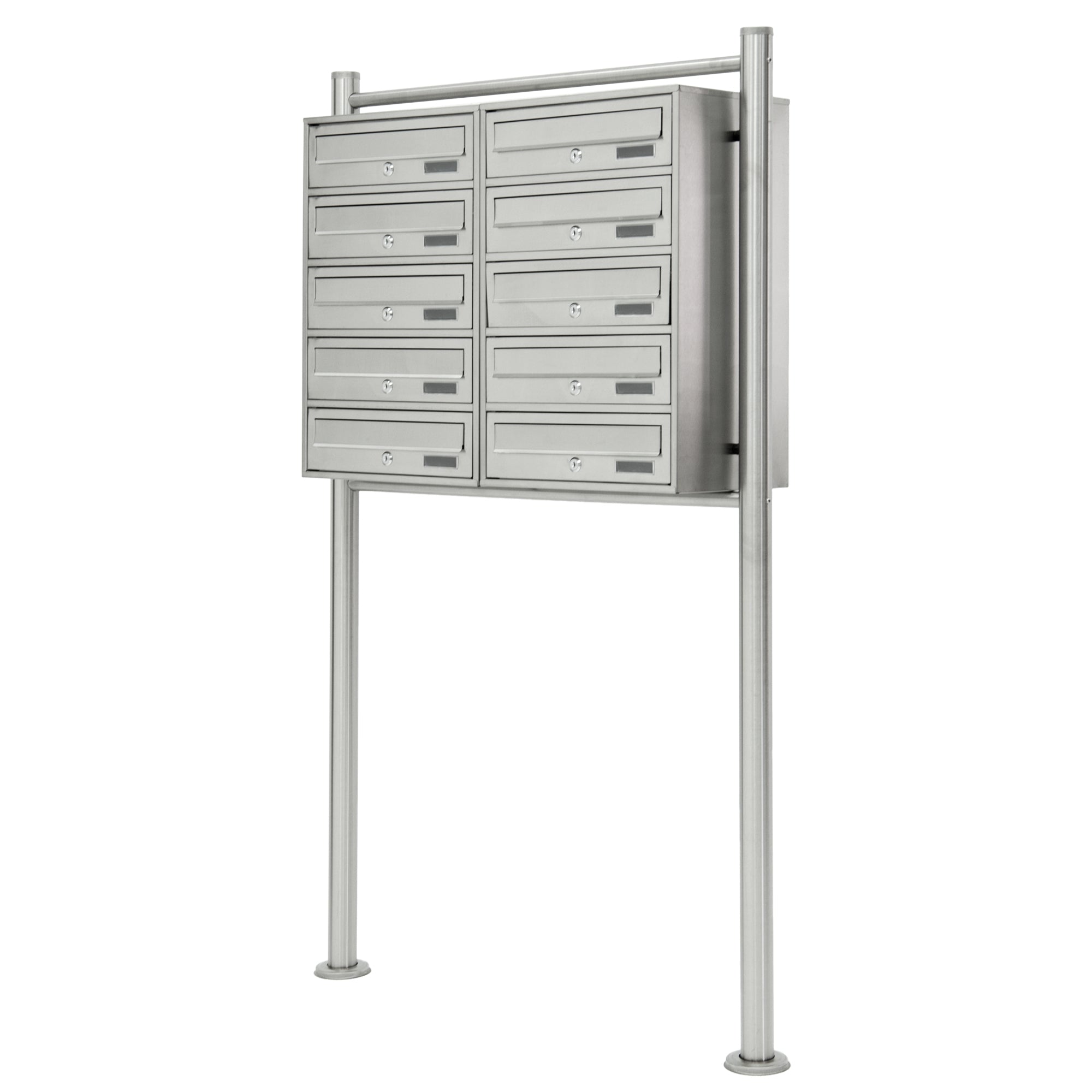 Mailbox system with several compartments made of stainless steel on two stands.