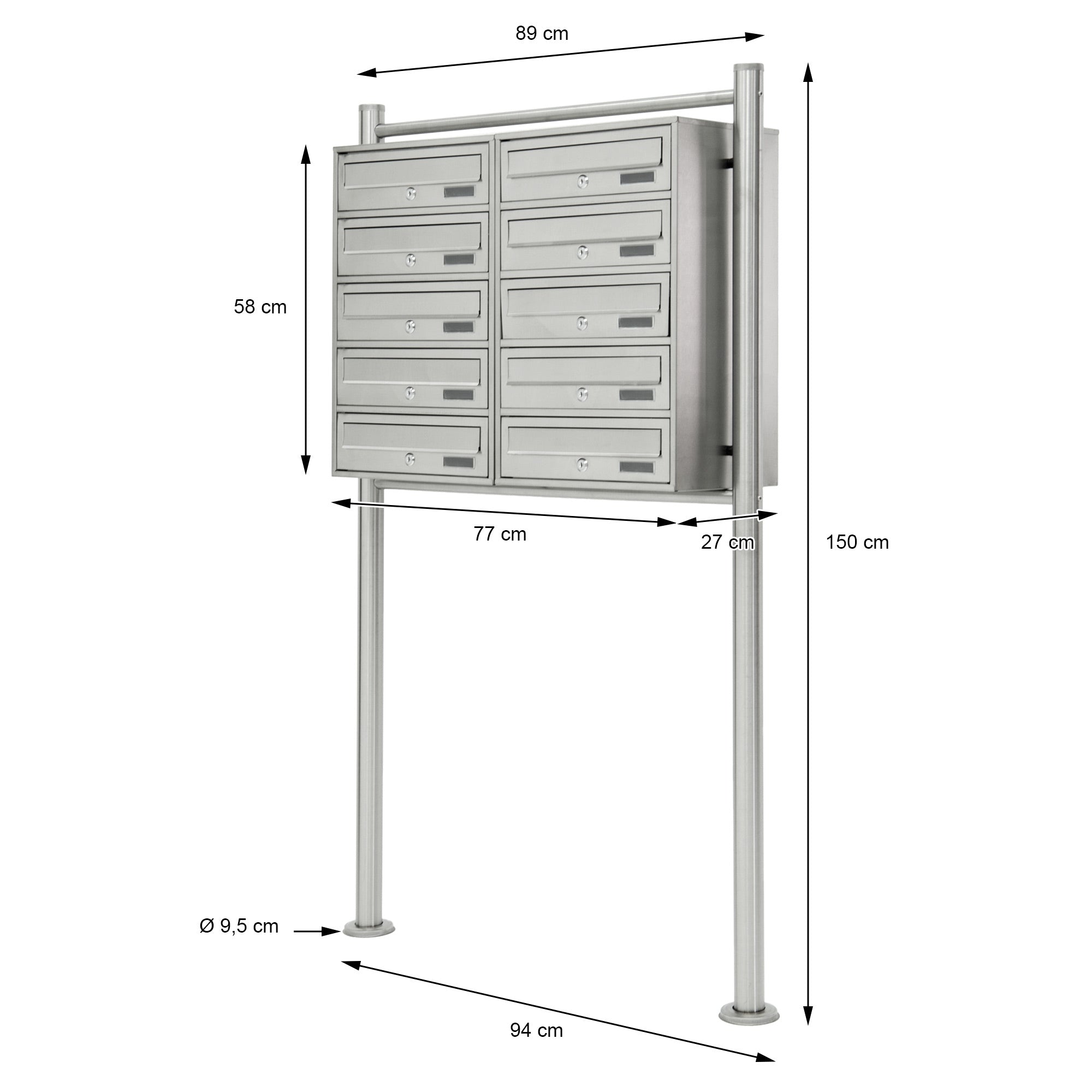Mailbox system with several compartments, dimensions and details visible.