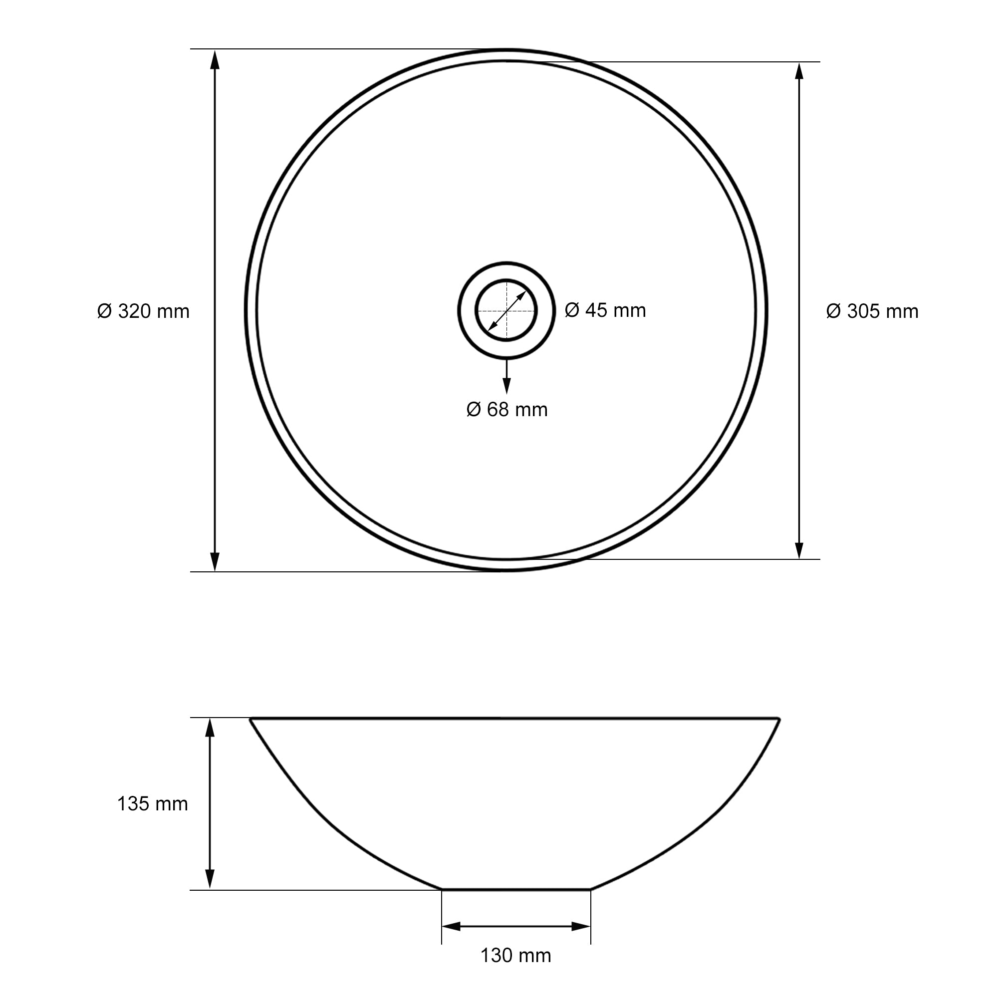 Disegno tecnico di un lavabo rotondo con misure.