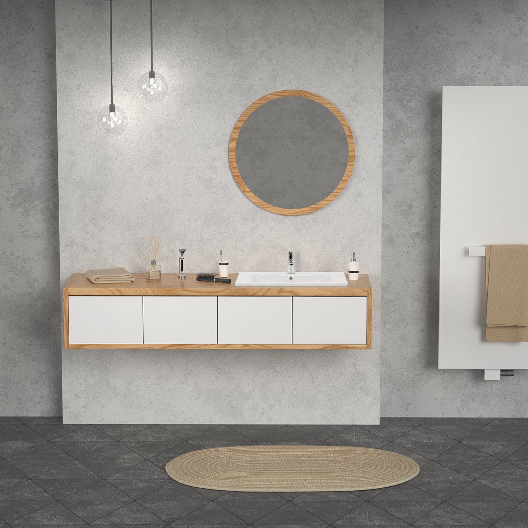Badezimmer mit Waschbecken, Holzschrank, Spiegel und Teppich.