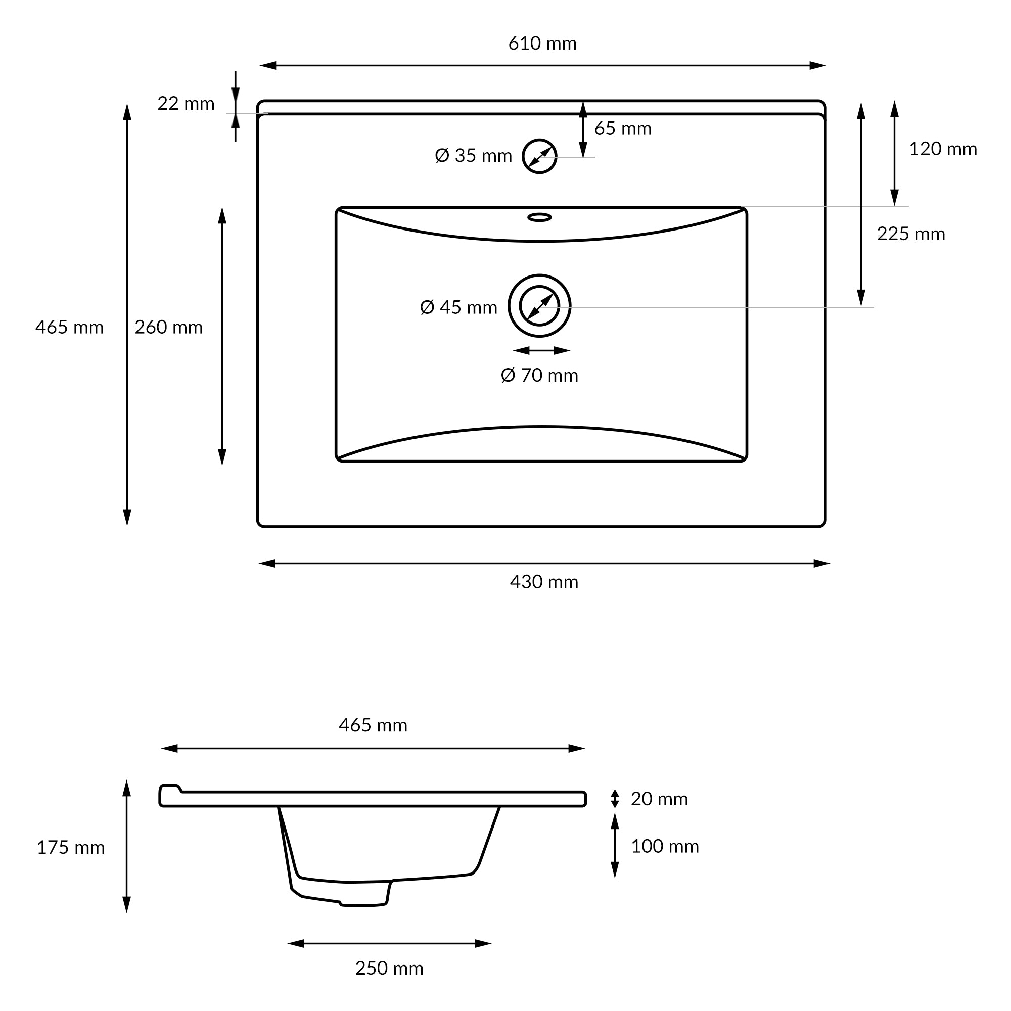 Disegno tecnico di un lavabo con misure.