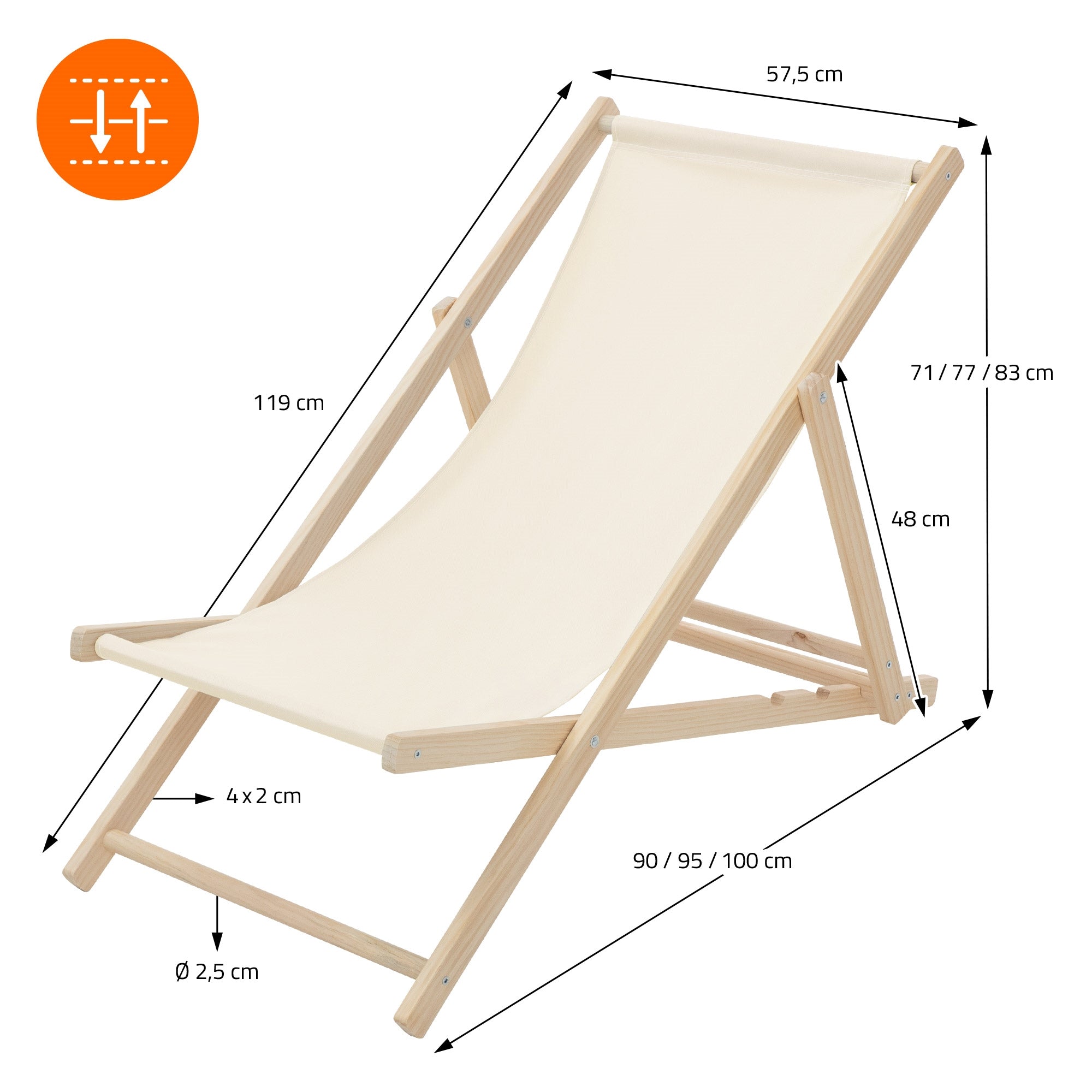 Sedia lounge in legno con rivestimento in tessuto beige, misure e descrizione del materiale.